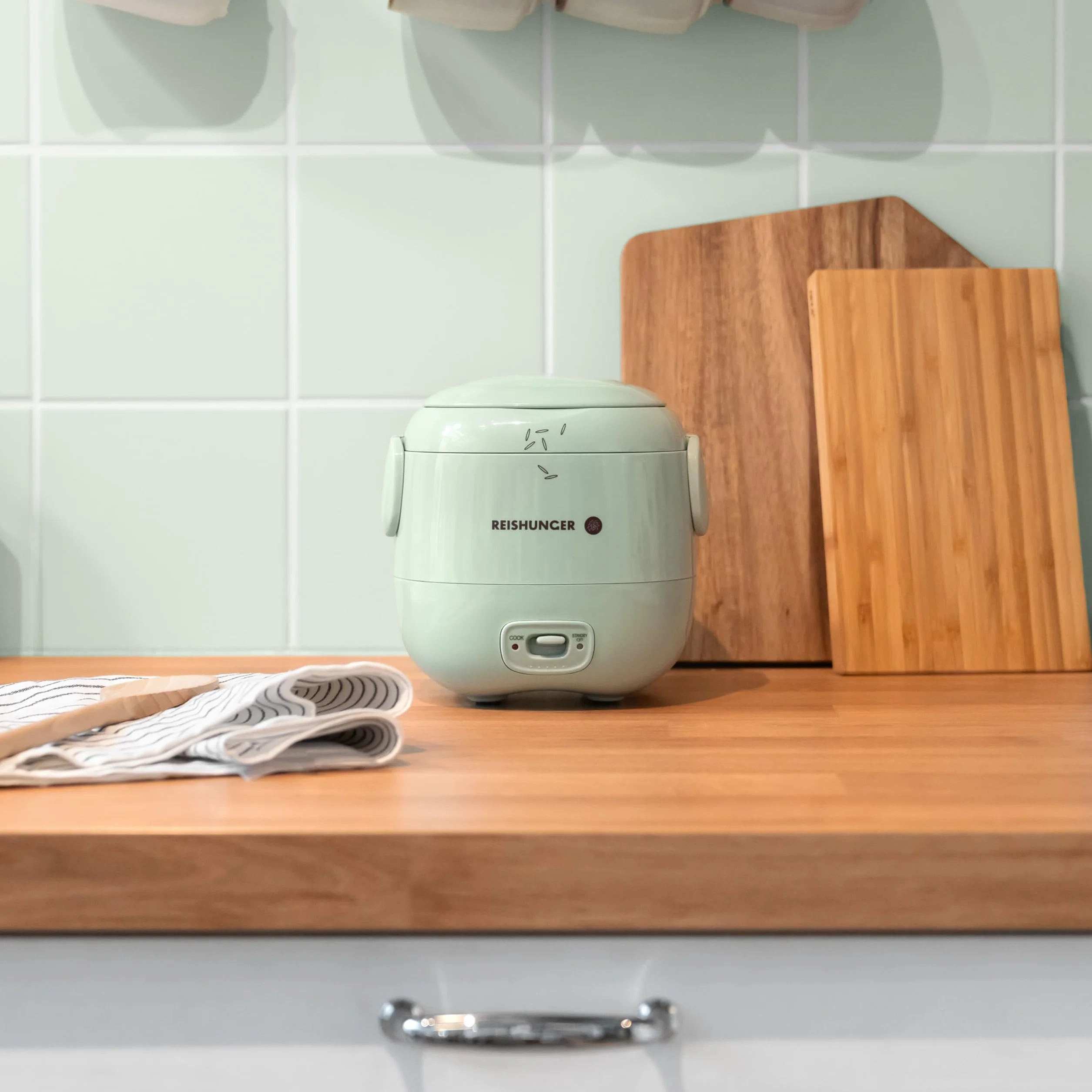 REISHUNGER Mini kuchenka do gotowania ryżu, kolor szałwiowy | 0,3 l – 1 – 2 porcje | powłoka ceramiczna – garnek premium | kompaktowy rozmiar do małych domków i do zabrania w podróż