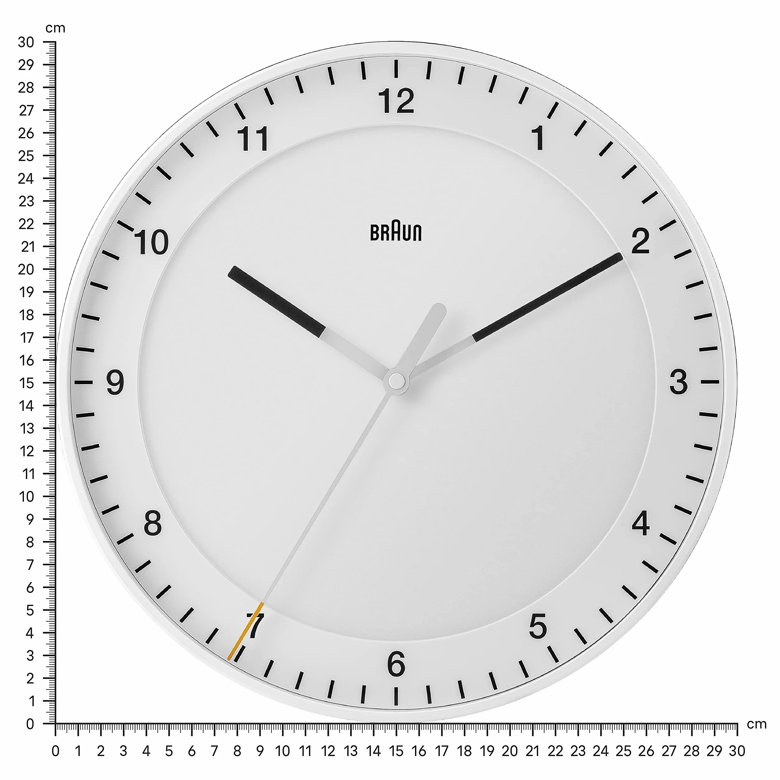 Braun Klasyczny, duży, analogowy zegar ścienny, cichy mechanizm zegarowy, łatwy do odczytania cyferblat, średnica 30 cm, biały model BC17W.