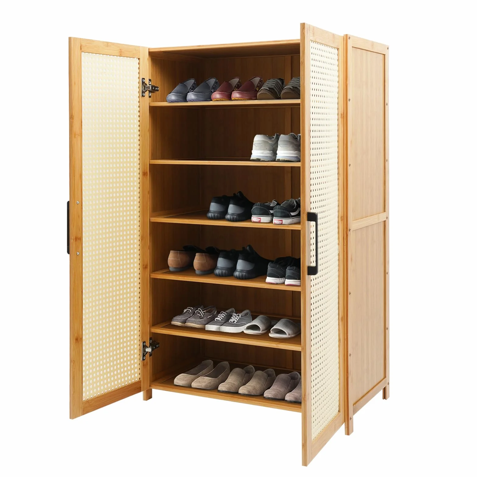 Szafka na buty, 6 półek z bambusa, 60 x 33 cm, kolor drewna, stojąca, szafka na buty z 2 drzwiami i wentylacją, przechowywanie butów, bambus, naturalny, do przedpokoju, sypialni, garderoby