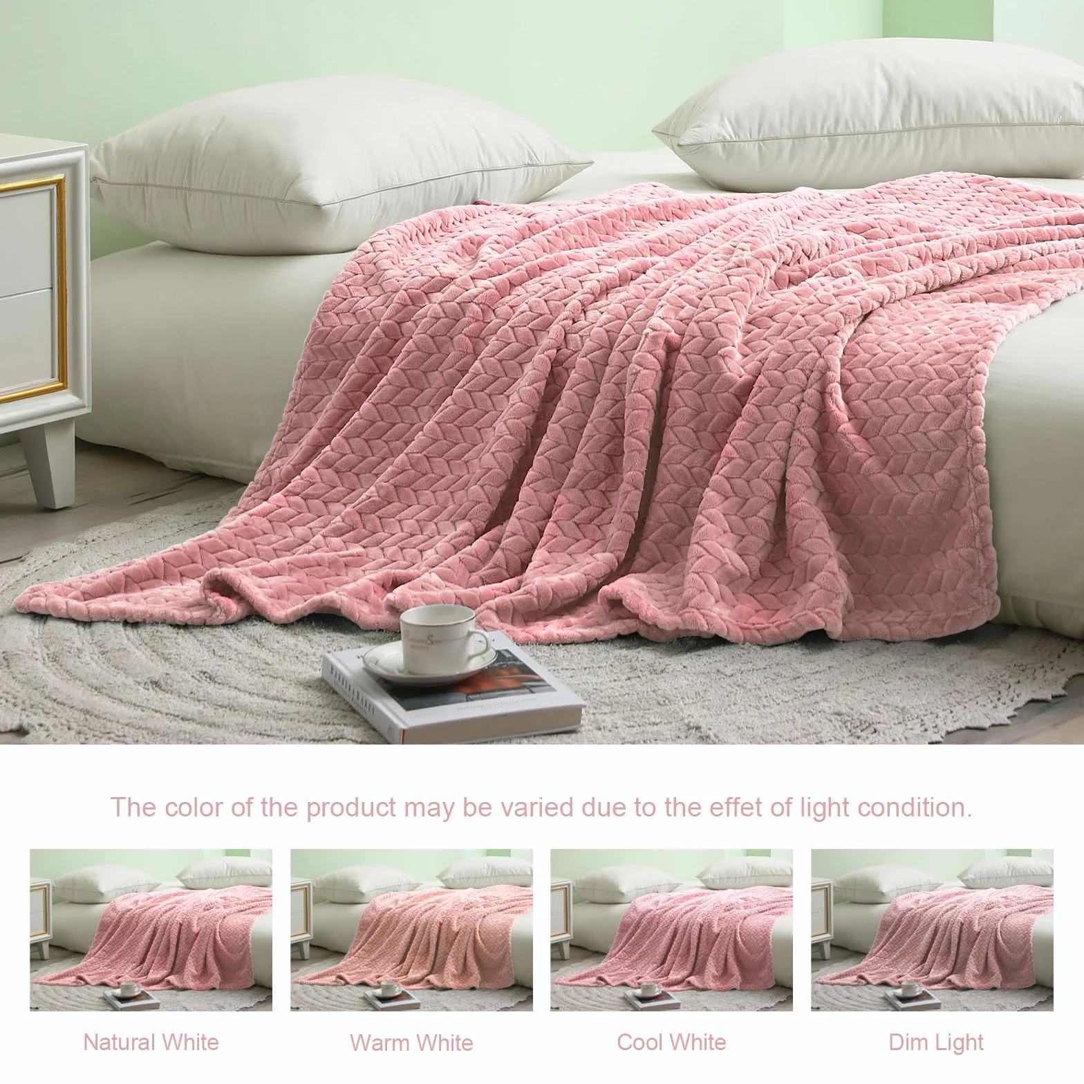 Exclusivo Mezcla Podwójny rozmiar żakardowy splot liście wzór flanelowy polar aksamit pluszowy koc na łóżko jako narzuta / narzuta na łóżko (230 x 168 cm, różowy) - miękki, lekki, ciepły i przytulny