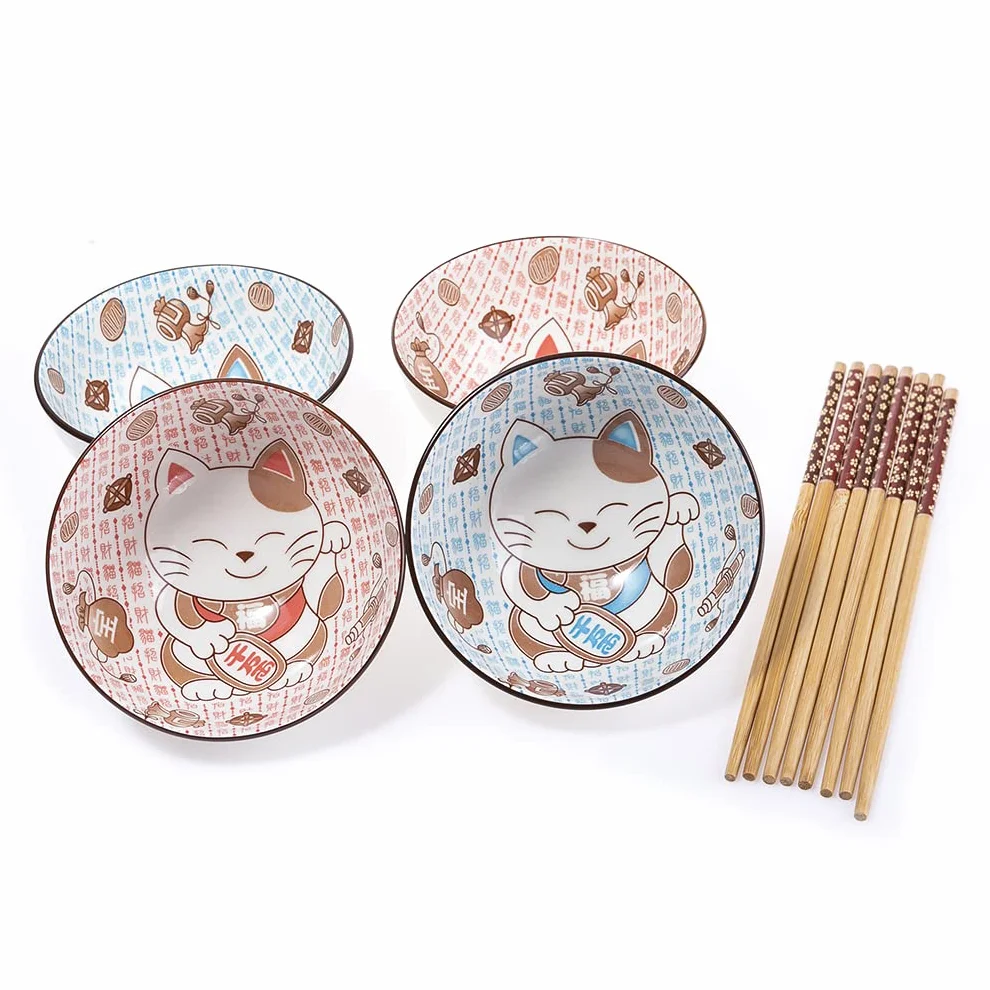 lachineuse - Zestaw 4 misek z japońskim kotem - Miski na ryż, śniadanie i zupę - Japońskie naczynia porcelanowe - z pałeczkami - Maneki Neko Happiness Holder - Kawaii Japan Gift Deco