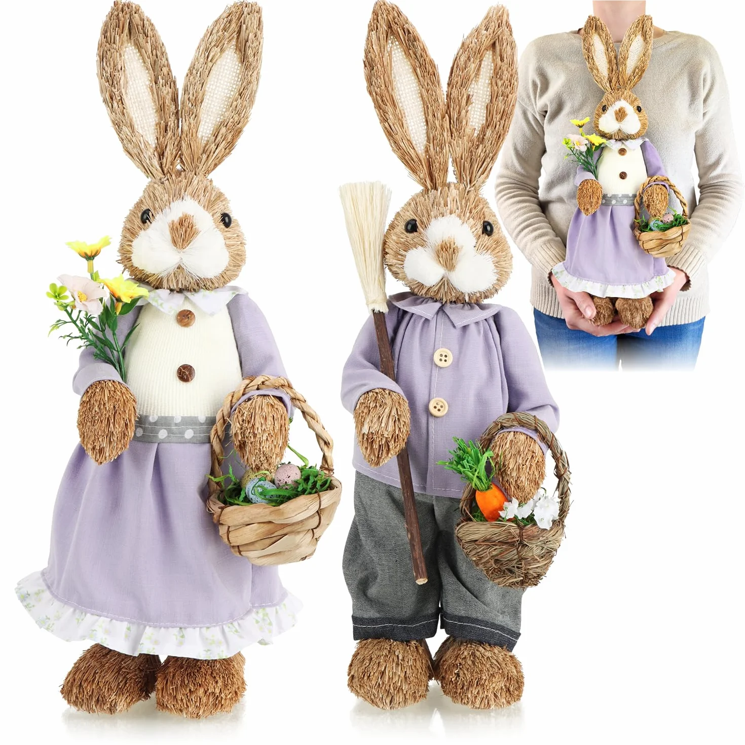 COM-FOUR® 2x XL slomkowy zajac wielkanocny recznie robiony - 44 cm dekoracyjny zajac wielkanocny do dekoracji wielkanocnych - figurki slomkowe na Wielkanoc (02 sztuki - 44 cm liliowy/niebieski)