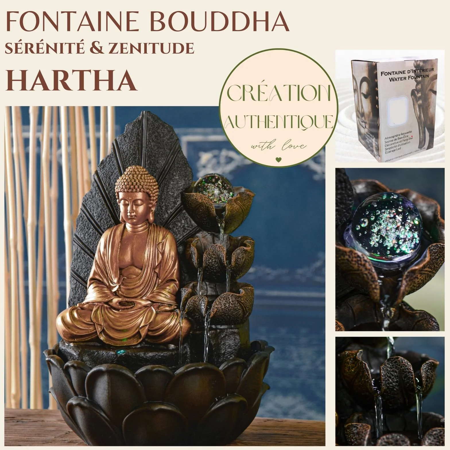 ZEN'LIGHT, Budda Hartha Fontanna, Zen i Feng Shui, oryginalny prezent Budda - wielokolorowe oświetlenie LED, cicha pompa, szer. 27 x szer. 27 x wys. 40 cm