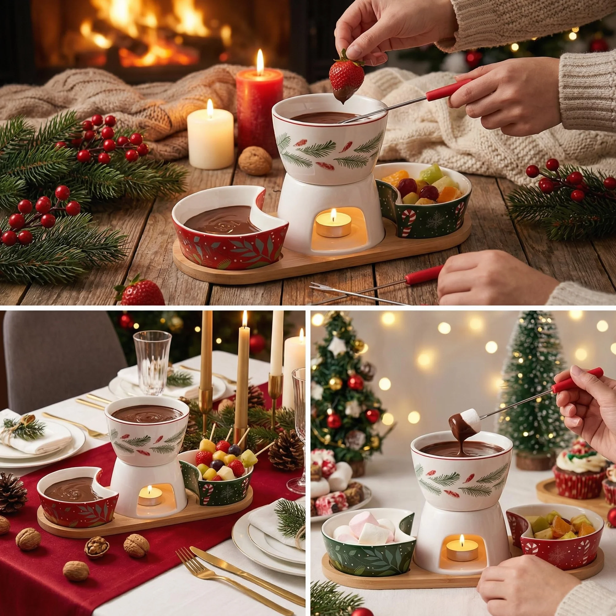 MIJOMA 6-częściowy zestaw do fondue bożonarodzeniowego – porcelanowe fondue z 2 widelcami, 2 miseczkami i drewnianą tacą – zimowy zestaw dekoracyjny i serwujący na świąteczne chwile rozkoszowania się