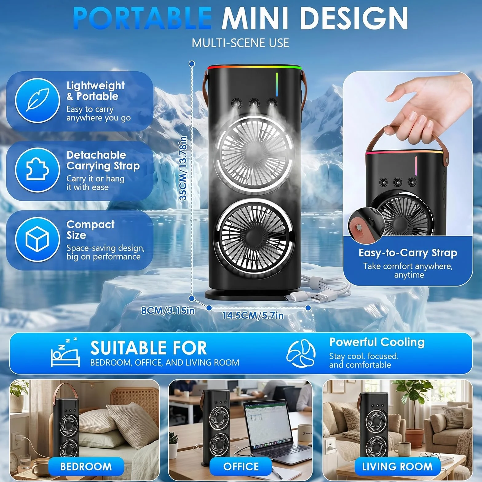 Przenośna klimatyzacja, mini chłodnica powietrza, mini wentylator USB, 280 ml, 3 prędkości, 3 tryby mgły, 7 kolorów światła, do domu, biura