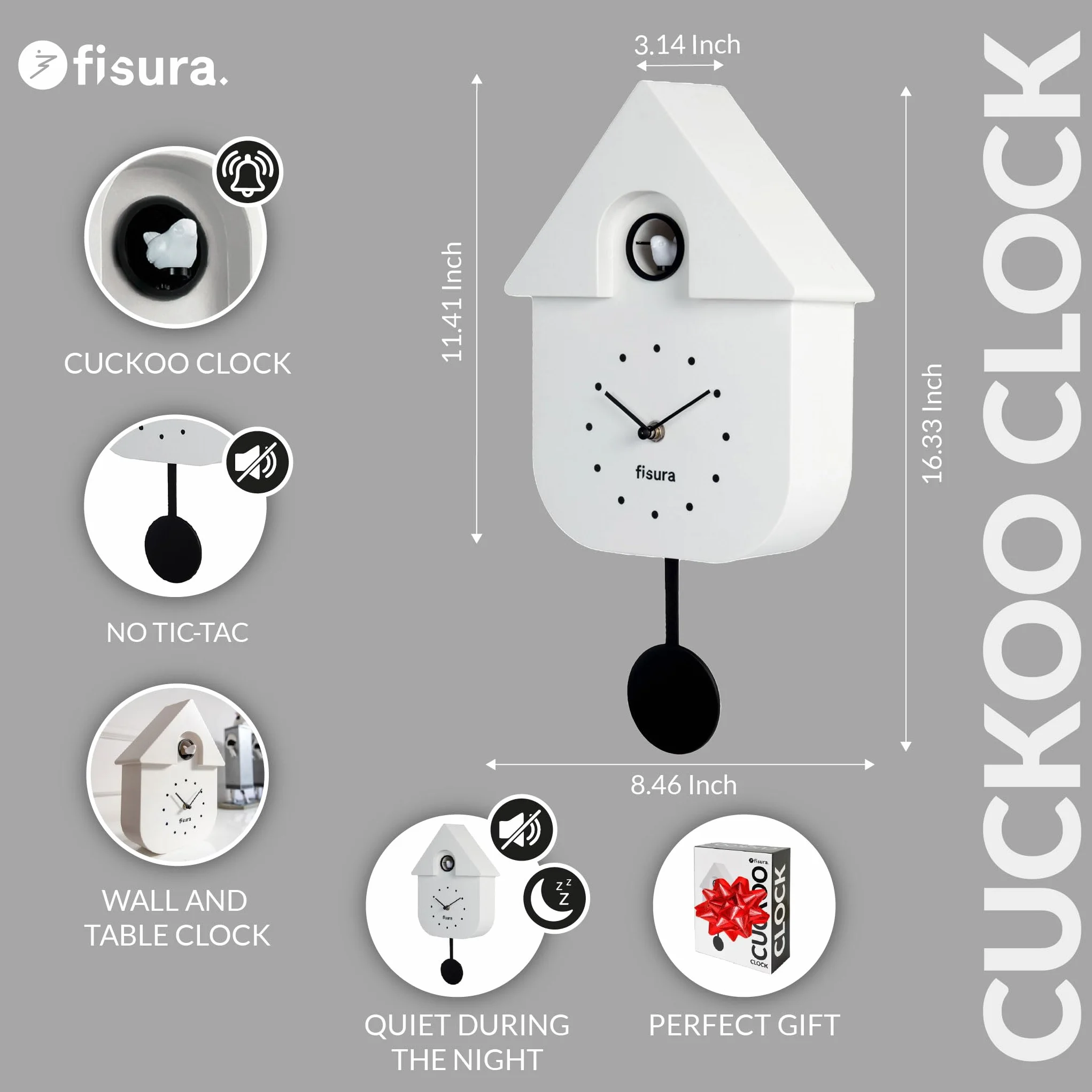 Fisura - Różowy zegar z kukułką z kolorową tarczą. Oryginalny zegar ścienny na prezent. 3 baterie AA nie są dołączone. Wymiary: 21,5 x 8 x 41,5 cm (Biały)