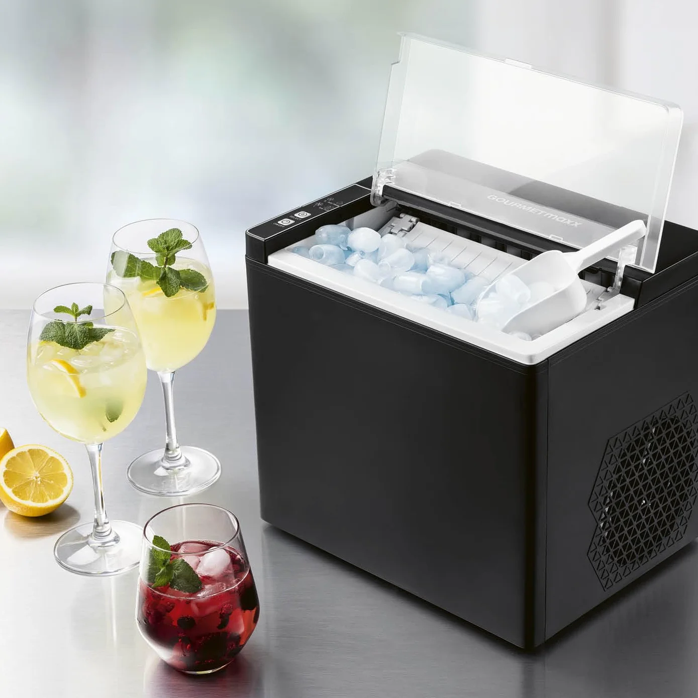 GOURMETmaxx kostkarka do lodu o mocy 150 W, na kemping i do współpracy, nie wymaga podłączenia wody, domowa kostkarka do lodu, w zestawie z pojemnikiem na odpady i łopatką do lodu, 12 kg dziennie