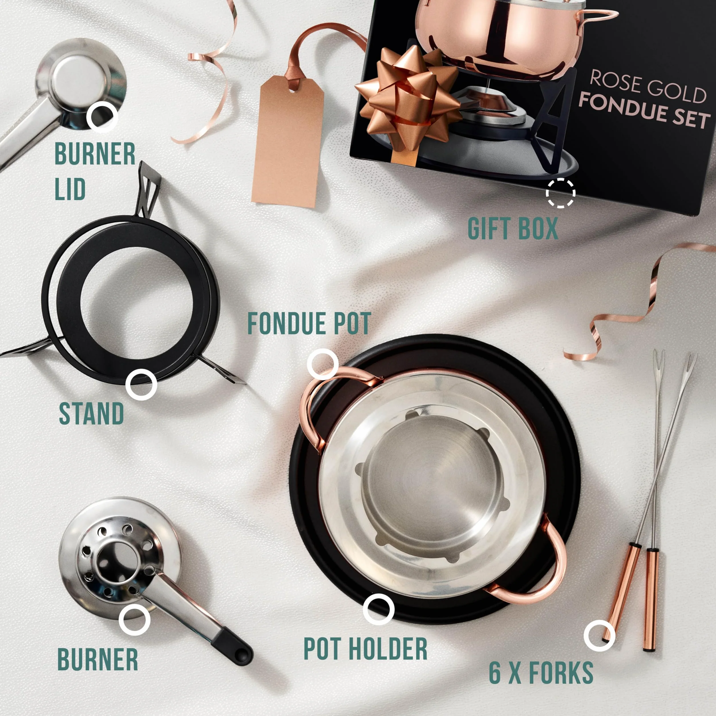 Dąb & Steel - 10 sztuk zestaw do fondue ze stali nierdzewnej, różowe złoto/miedź z pudełkiem prezentowym - czekoladki, Burgundia, ser, Savoyarda i mięso - prezent świąteczny