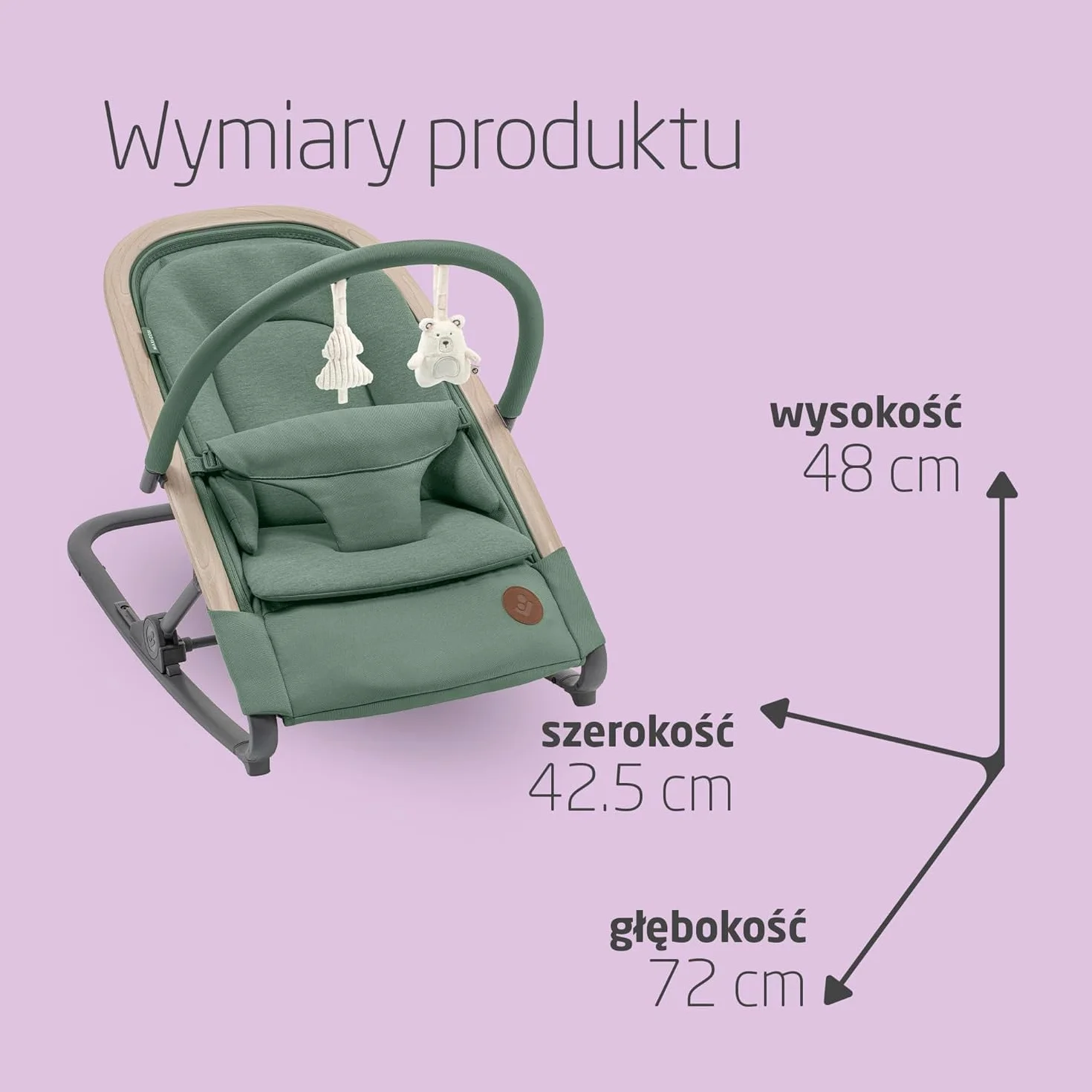 Maxi-Cosi Bujaczek leżaczek Kori 2 w 1 z łukiem z zabawkami, 0–2 lata, do 15 kg, bujaczek dla dziecka, 3 poz. odchylania jedną ręką, Uprząż Easy- in, Lekki i kompaktowy, Beyond Green