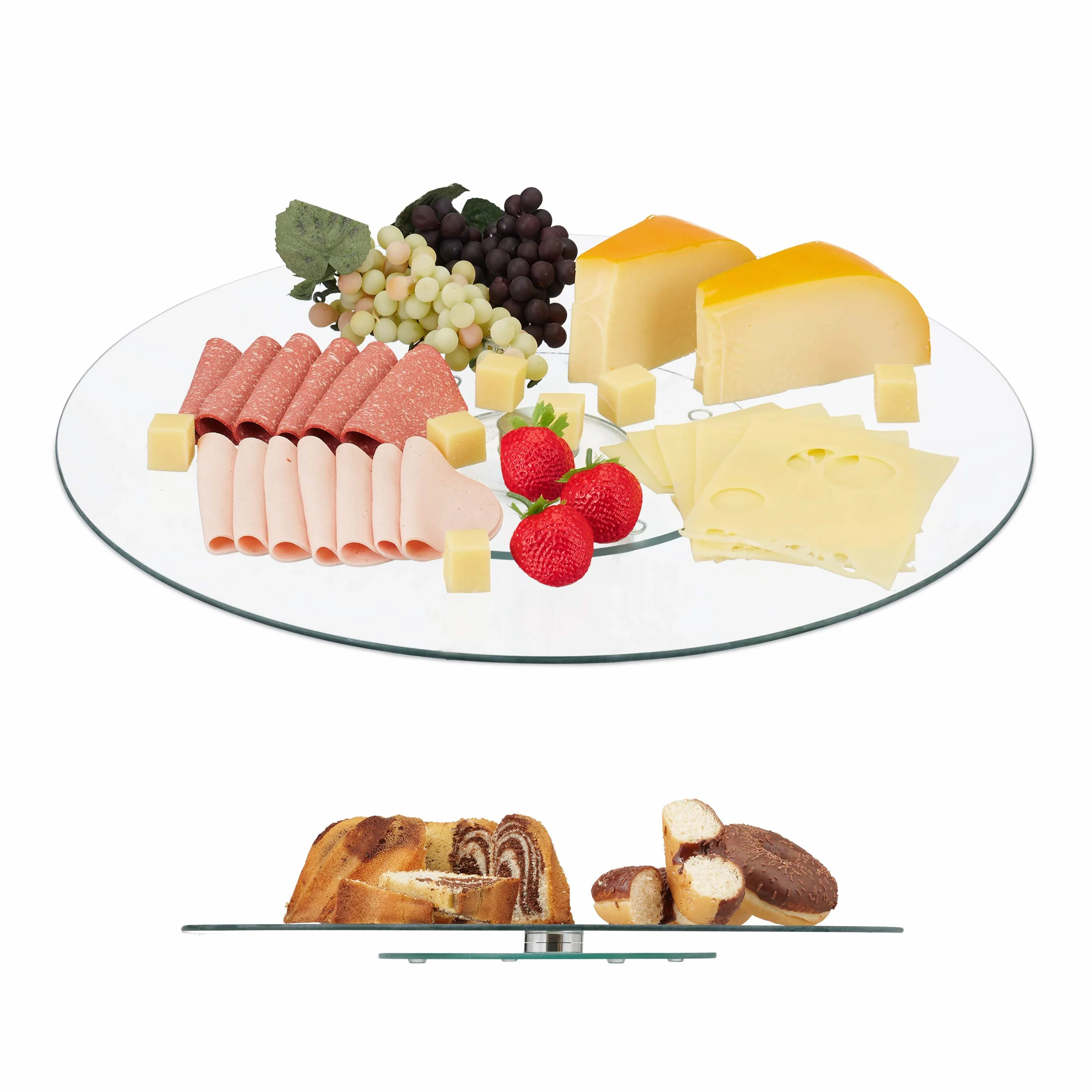 Relaxdays Półmisek XL do serwowania, obracany o 360°, ser, przekąski, ciasta, okrągły, Ø 45 cm, szklana patera na tort, przezroczysty/srebrny