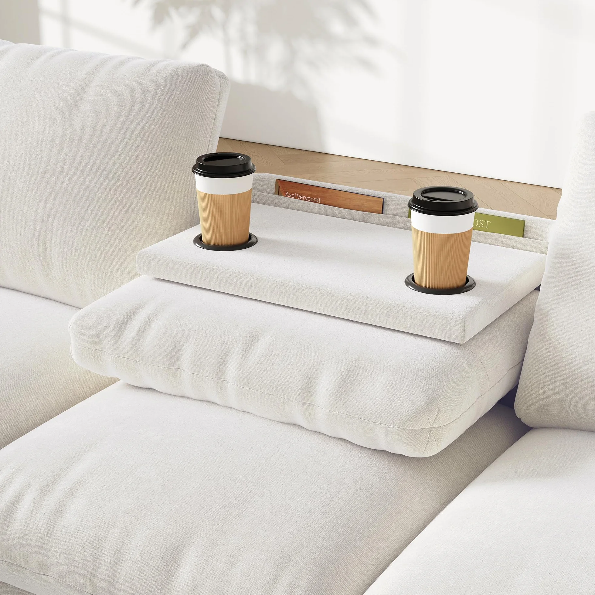 Sofa narożna szenilowa L z miejscem do przechowywania, stolik kawowy USB-C, beżowa