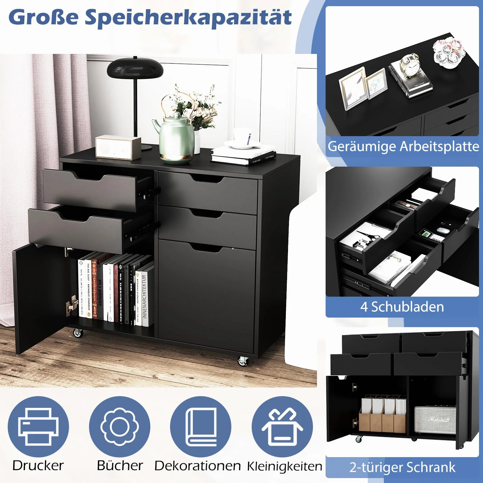 COSTWAY Kontener na kółkach z 4 szufladami i 2 drzwiami, szafka na dokumenty z rolkami, stojak na drukarkę, szafka biurowa na dokumenty w formacie DIN A4, format listowy, legalny (czarny)