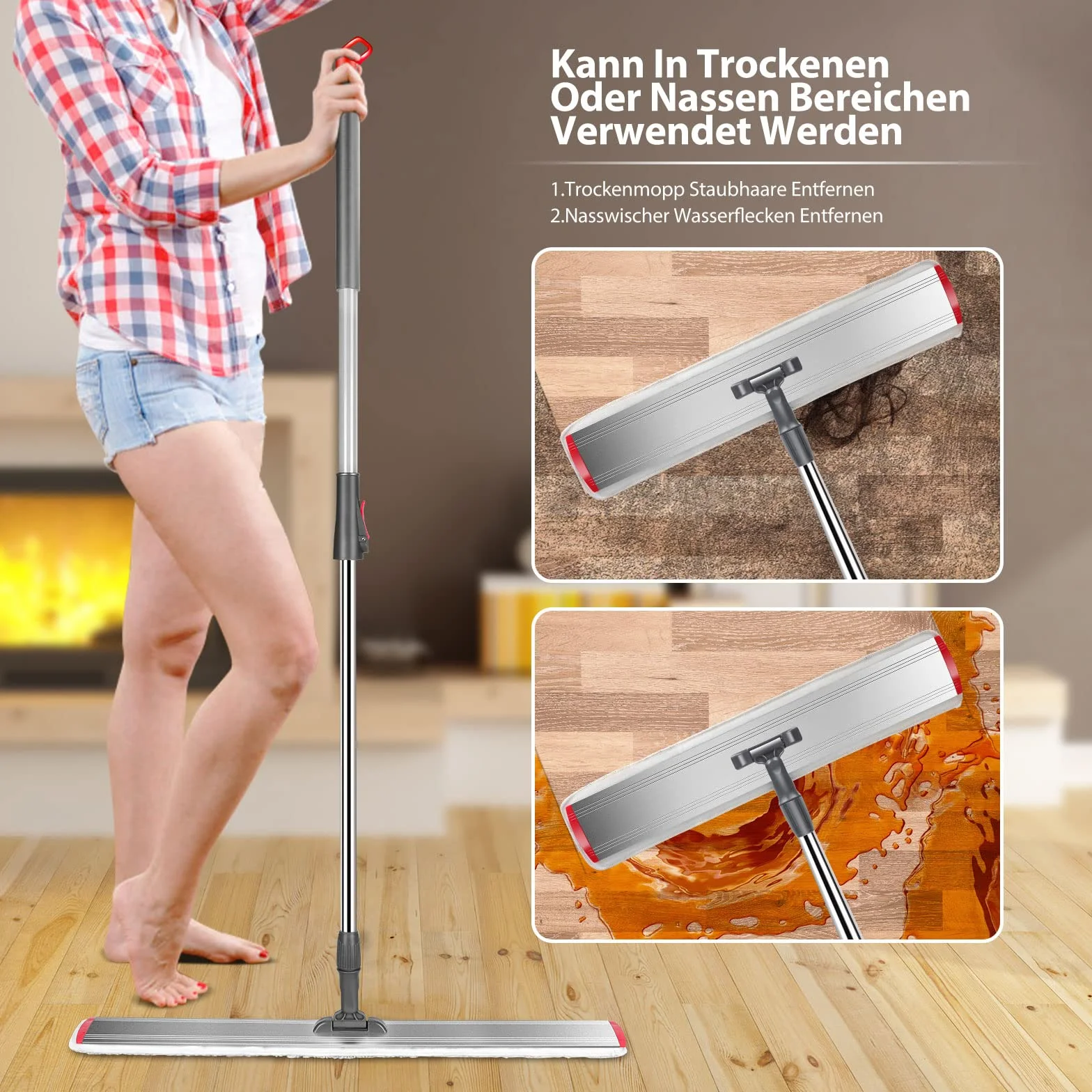Myiosus Mop do podłóg, mop do podłogi, szerokość 60 cm, z uchwytem ze stali nierdzewnej, regulowany uchwyt ze stali nierdzewnej, płaski mop z mikrofibry, obracany o 360°, do płytek z twardego drewna