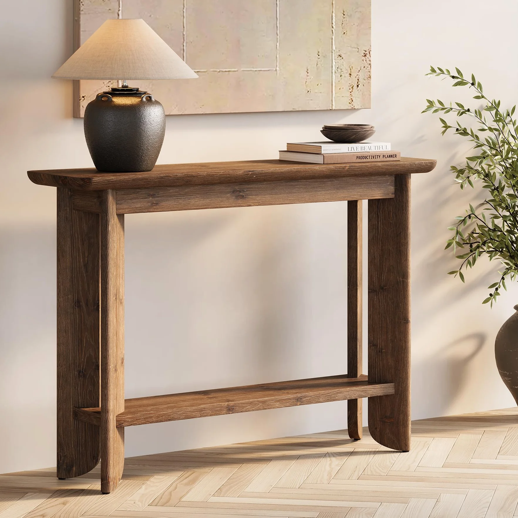 Stół konsolowy z litego drewna 105 cm, 2 w 1, stół do przedpokoju i sofy, stół z prawdziwego drewna orzechowego z półką, wąska konstrukcja do przedpokoju i salonu, łatwy montaż 30 minut