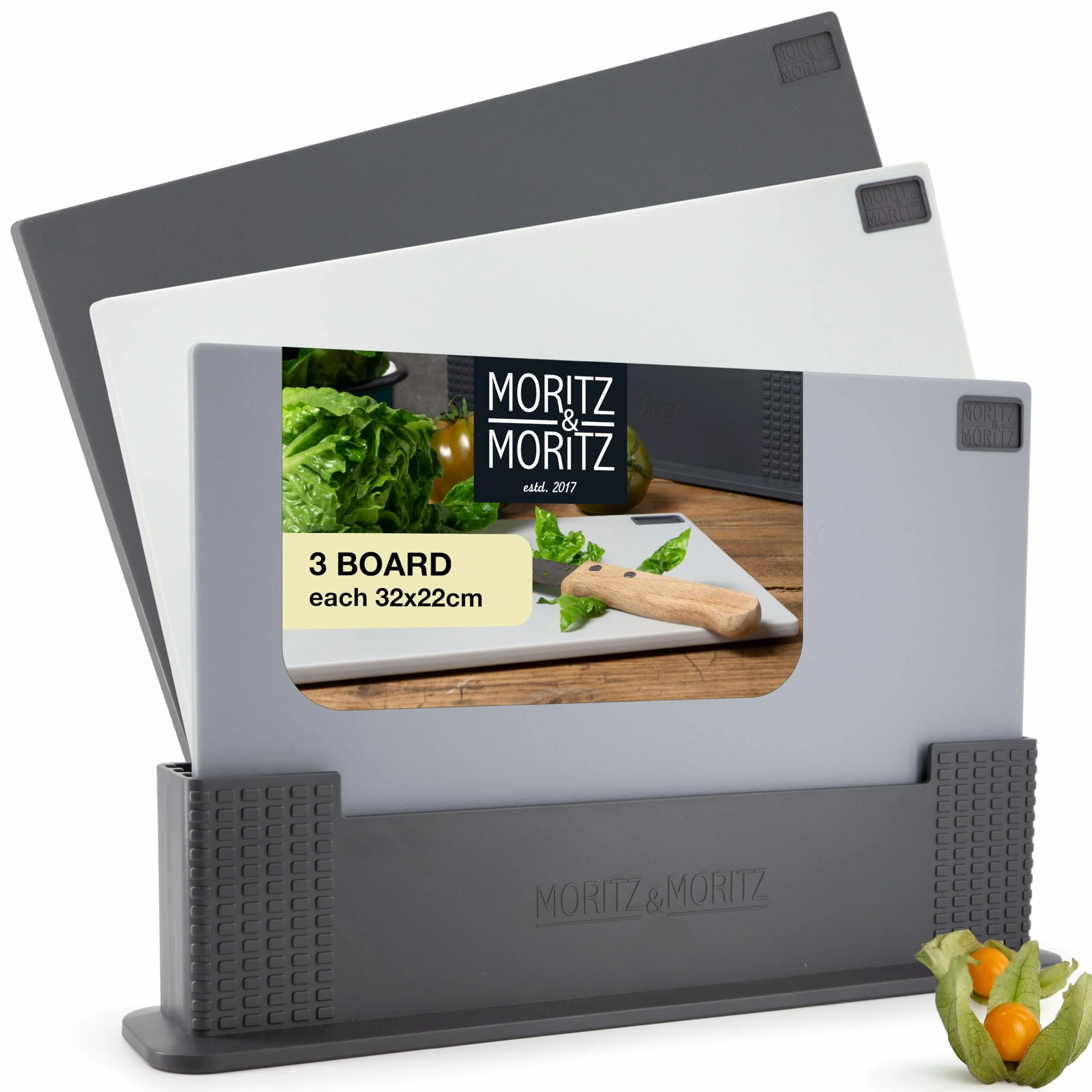 Moritz & Moritz 3x Deska do krojenia z plastiku - 32 x 22 cm - W praktycznym stojaku – Duża deska kuchenna – Nadaje się do zmywarki i higieniczna