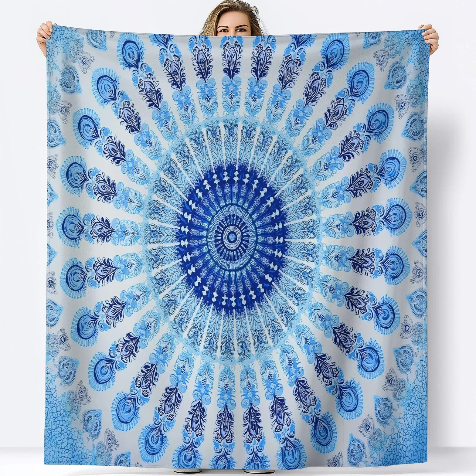 Miękki koc sherpa, 180 x 200 cm, dla dzieci i dorosłych, w stylu retro, mandala, kwiaty, flanela, pościel, hipoalergiczny, ciepły koc na łóżko, nadaje się do prania, na sofę, krzesło, łóżko, salon