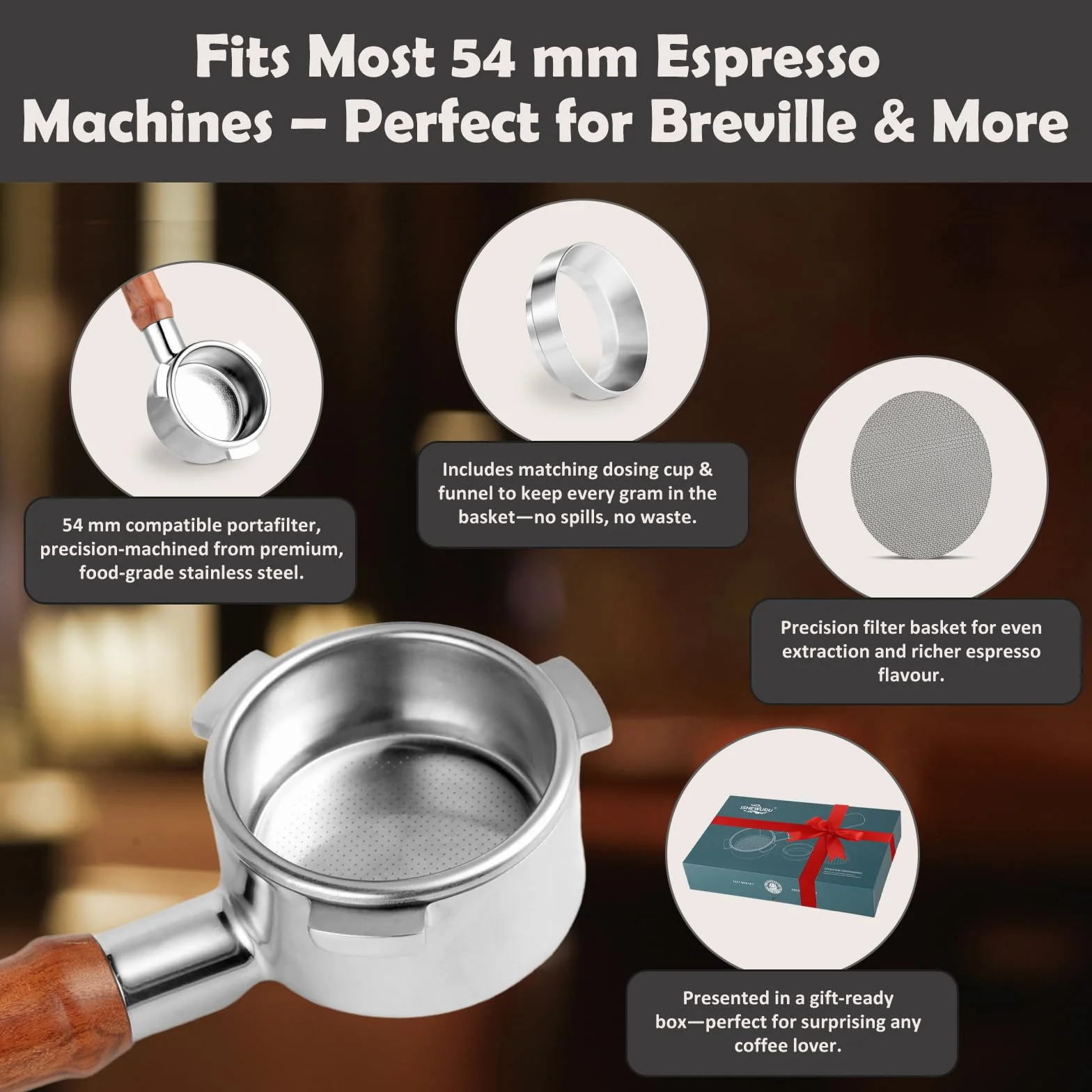 Bezdenny portafilter 54 mm z podwójnym ekranem krążkowym kompatybilny z serią Sage Breville Barista i lejek dozujący pasuje do Barista Express zawiera potrójne opakowanie prezentowe do