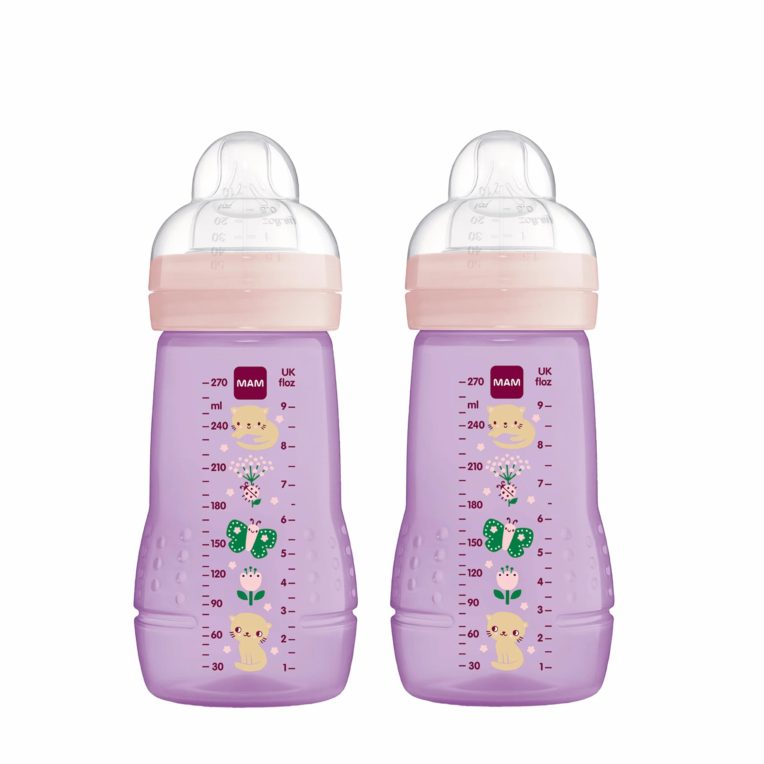 MAM Easy Active Butelka dla niemowląt, 270 ml, z silikonu SkinSoft, z silikonu SkinSoft, dla niemowląt, od 0 miesięcy, motyw kota/motyla