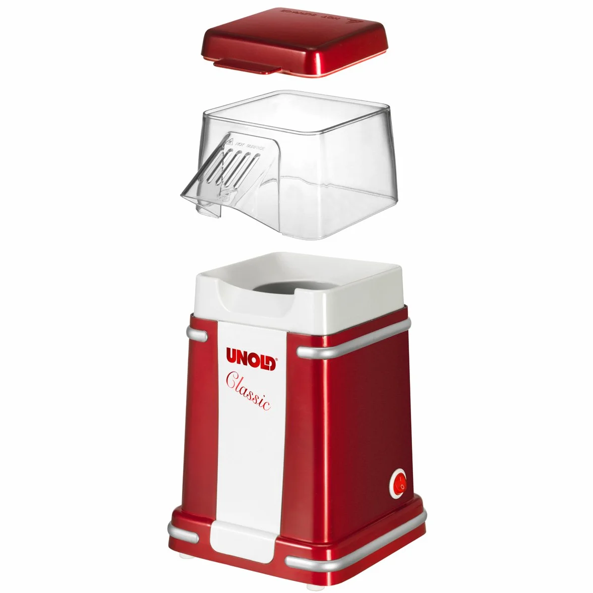 Unold 48525 Classic urządzenie do robienia popcornu – czerwony, biały, 900 W, 220 V, Movienight, bez tłuszczu i oleju, gorący popcorn, niskotłuszczowy, na imprezę