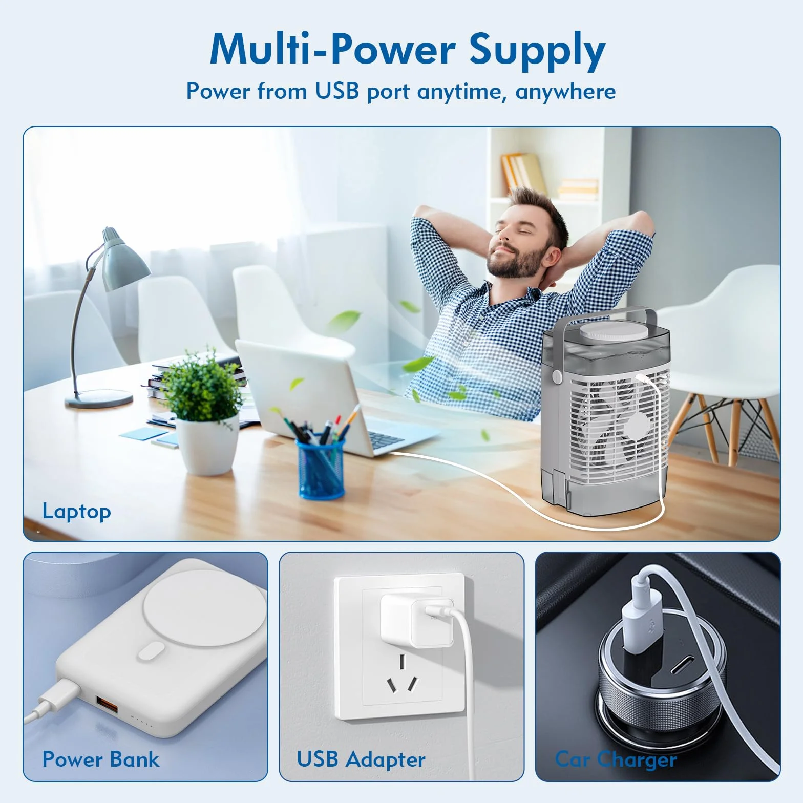 Przenośny klimatyzator, klimatyzator 3 w 1, osobisty mini klimatyzator ze zbiornikiem wody 1000 ml, timer 2/4/6h, mały wentylator chłodzący ładowany przez USB (adapter 5 V 2 A) do