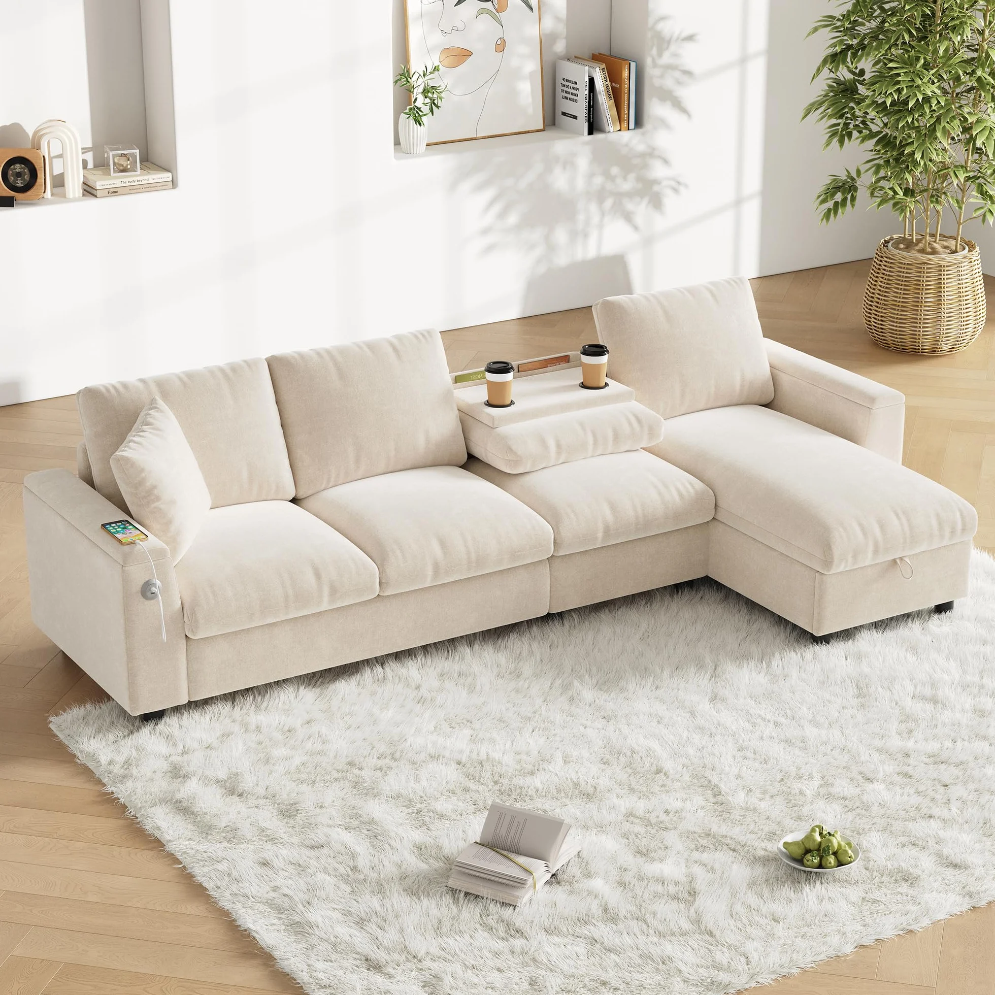 Sofa narożna L z funkcją spania, szenilowa, z miejscem do przechowywania + stolik kawowy, USB-C