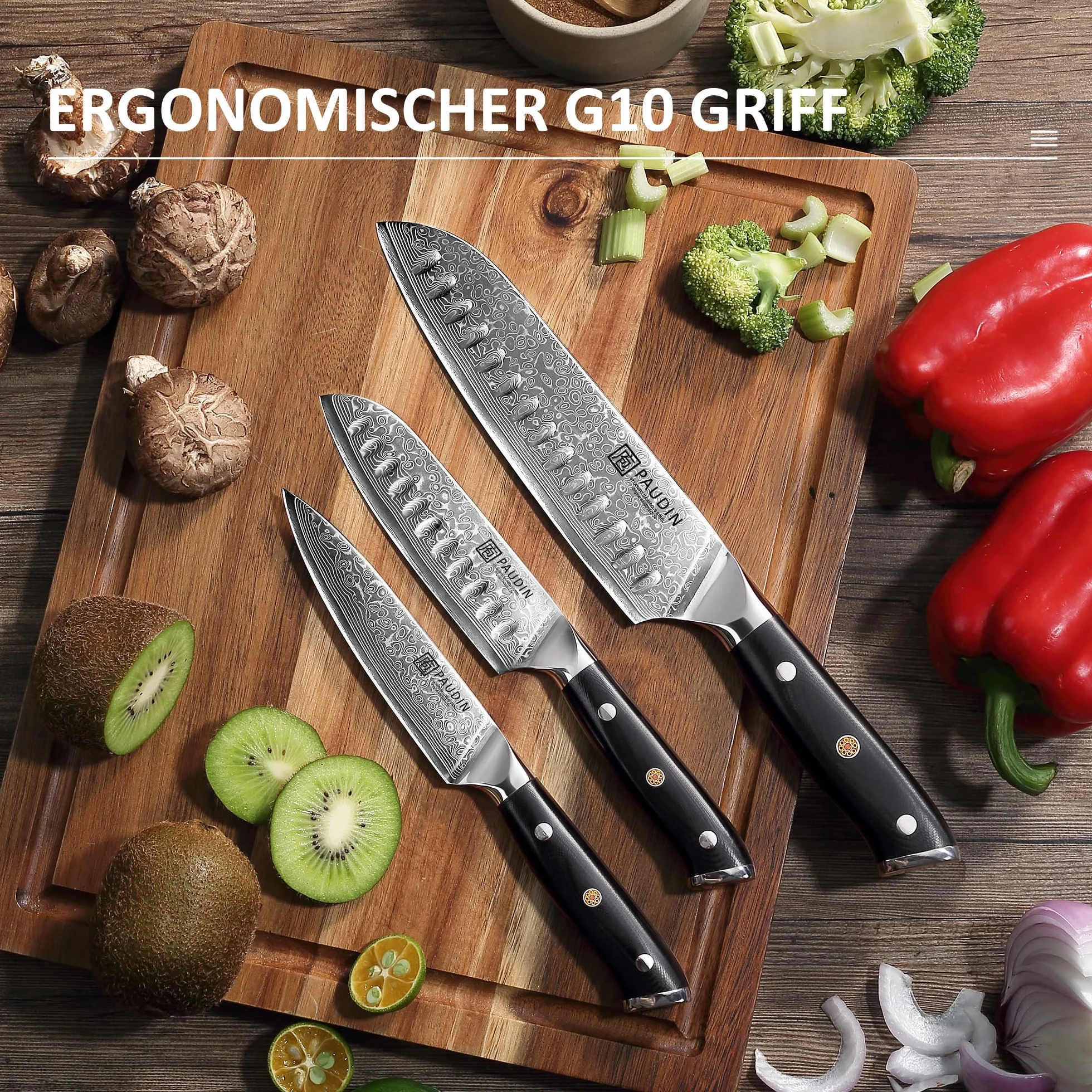 PAUDIN Zestaw noży damasceńskich 3 sztuki, zestaw noży kuchennych z adamaszku, ultra ostry nóż santoku, nóż kuchenny, 67 warstw stali damasceńskiej z rdzeniem ze stali VG10, ergonomiczny uchwyt G10