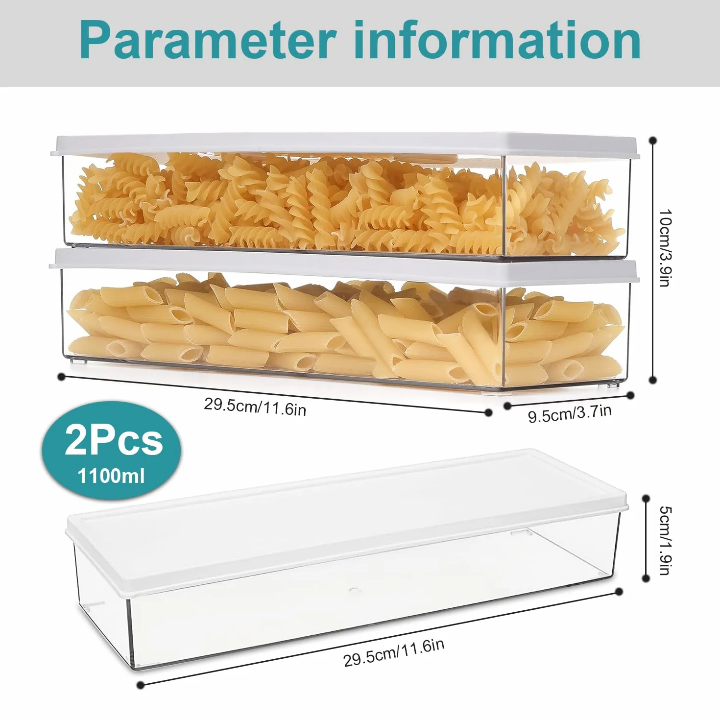 2 sztuki pojemników do przechowywania makaronu w pozycji leżącej, z pokrywką, nie zawiera BPA, pojemniki na makaron, makaron, makaron, musli, przekąski (1100 ml)
