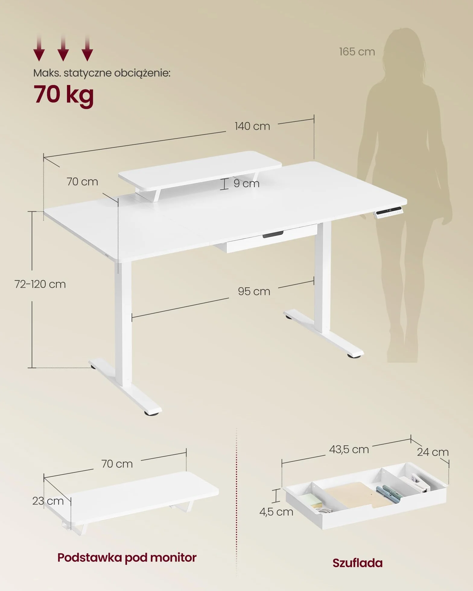 VASAGLE Biurko z elektryczną regulacją wysokości, 140 x 70 cm, elastyczny uchwyt na monitor, szuflada, port USB-C, funkcja przypominania o siedzącym trybie życia, do biura domowego, biały LSD154WB01