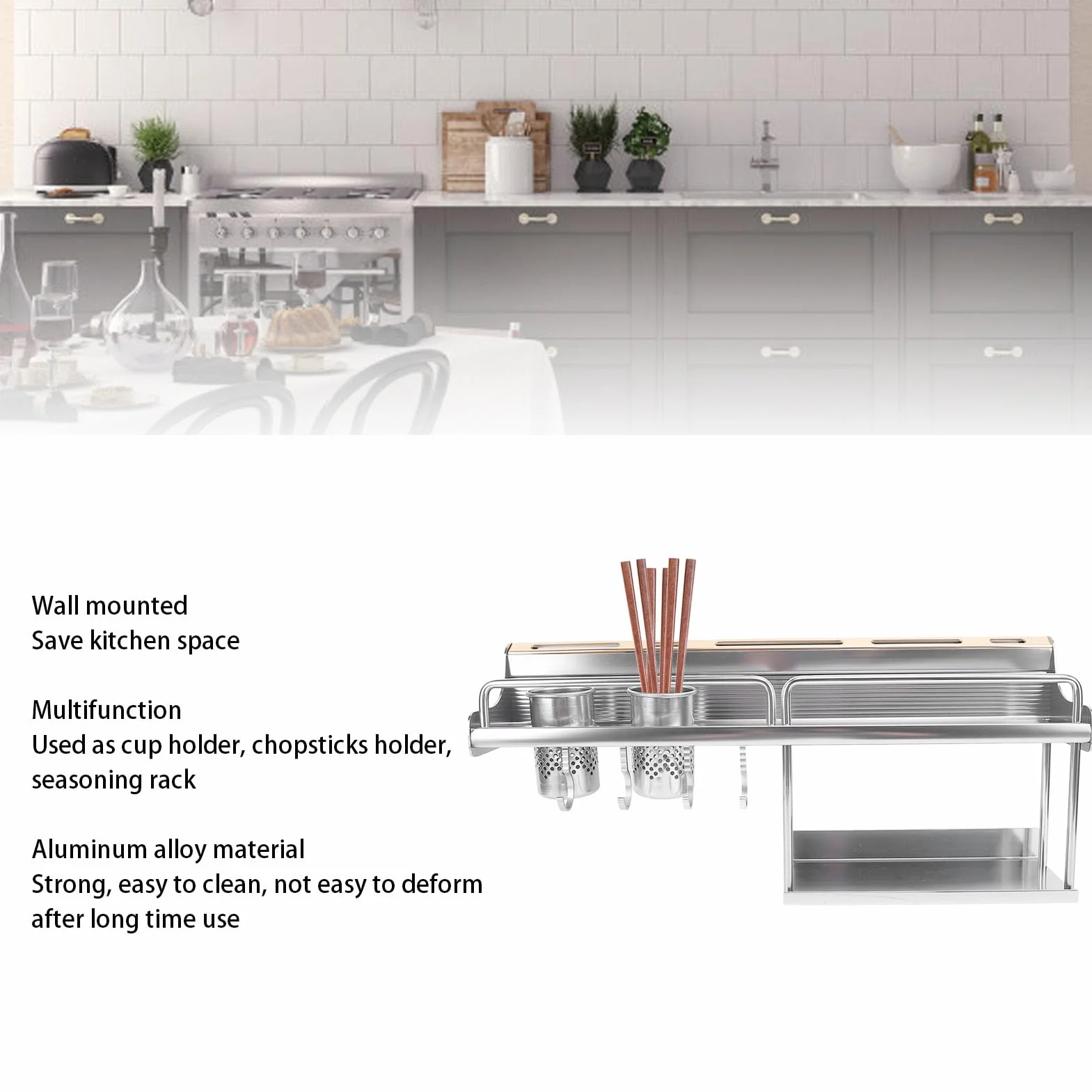 Stojak na przyprawy Vomeko, ścienny, aluminiowy, z organizerem na przybory kuchenne i dwoma uchwytami na pałeczki, oszczędzający miejsce w kuchni, wielofunkcyjny.