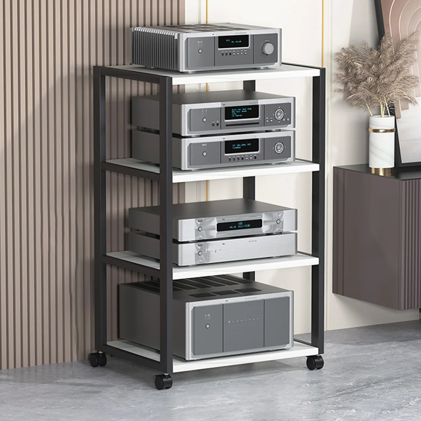 Stojak na odtwarzacz płyt - ciemnoczarna wieża audio, do szafki multimedialnej stereo, do przechowywania płyt CD/DVD, ruchome meble do salonu, studia gier i nagrań, 50 x 40 x 89 cm