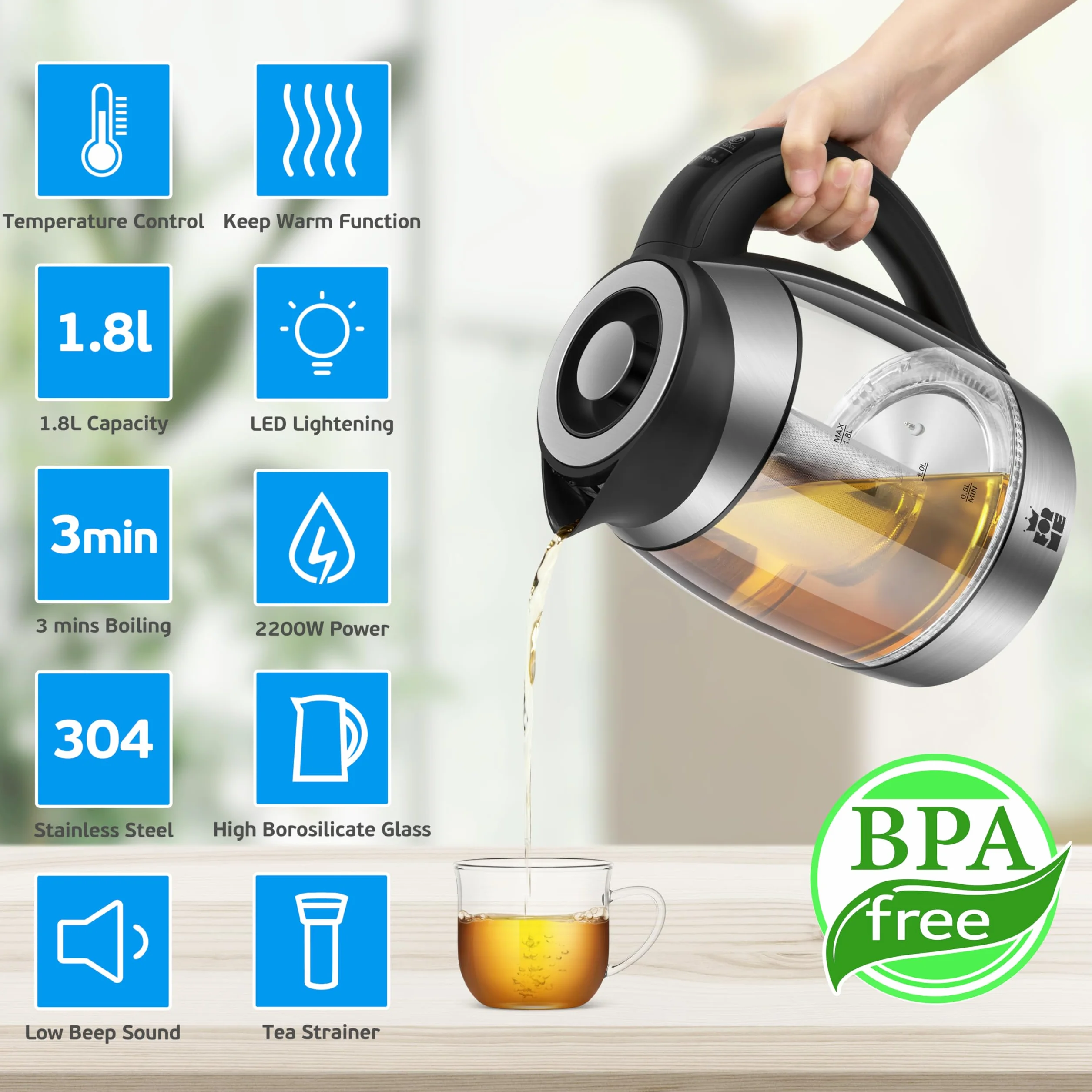 ForMe Szklany Czajnik Elektryczny 1,8L z Sitko do Herbaty Regulowana Temperatura 40-100°C 7 Kolorów LED Stal Nierdzewna Utrzymywanie Ciepła BPA Free