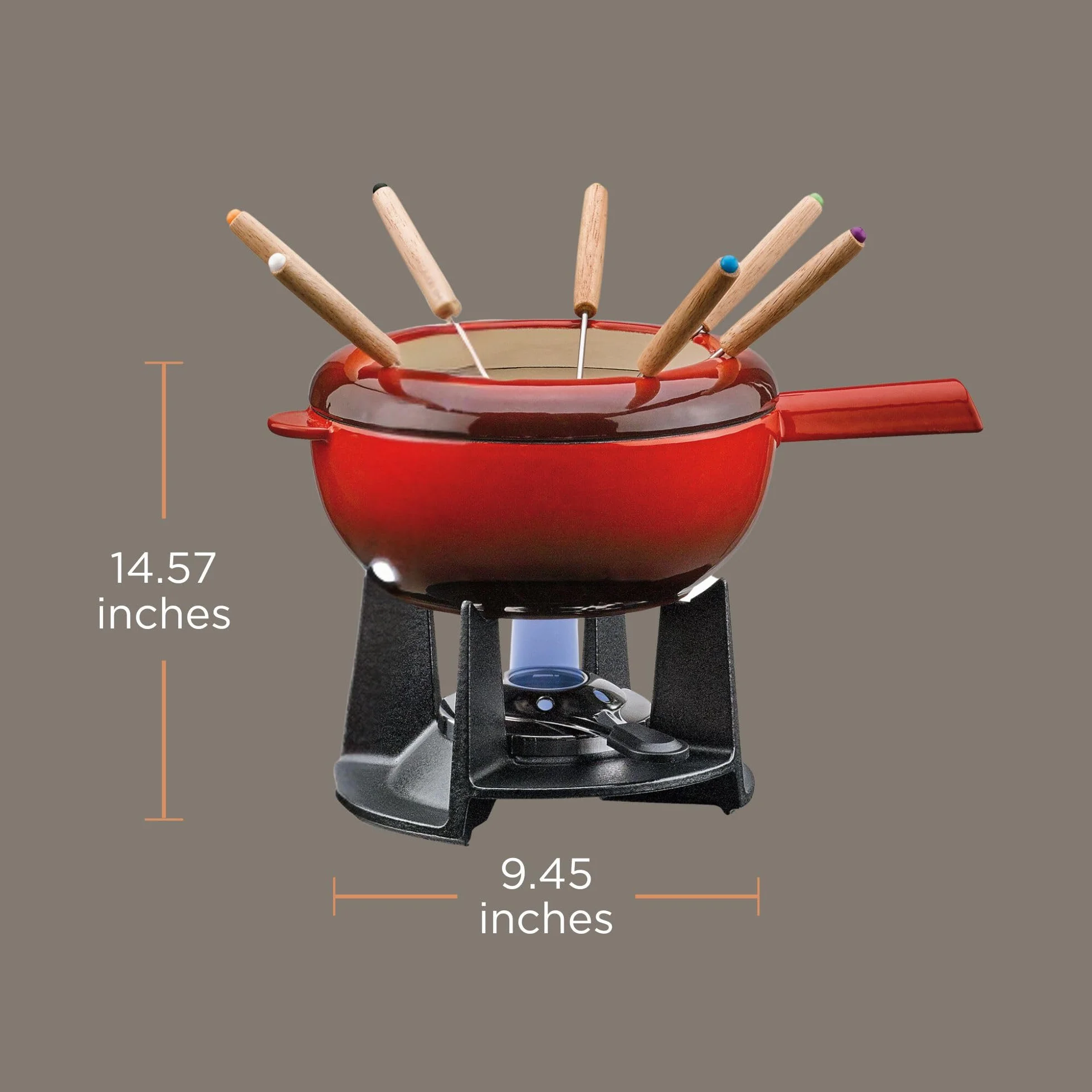 Zestaw do fondue żeliwny czerwony Ø 20 cm z 8 widelcami i ochroną przed pryskaniem palnik Rechaud