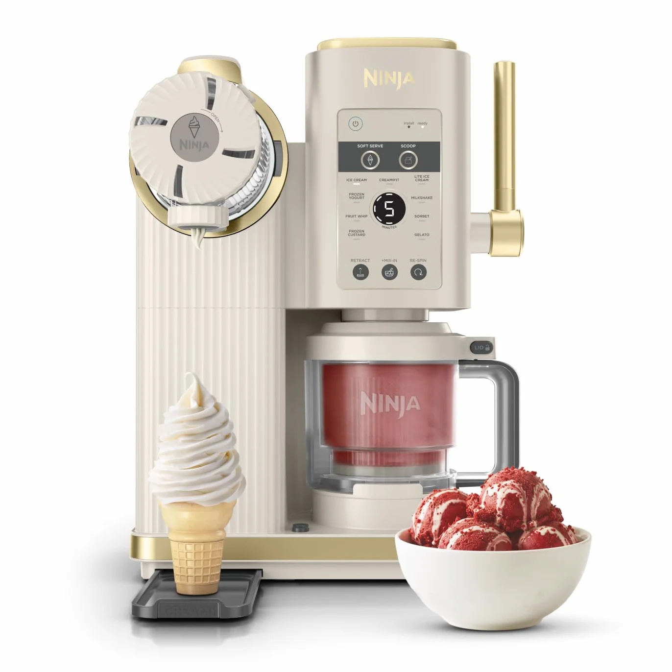 Ninja CREAMi Scoop and Swirl Maszyna do lodów z 2 pojemnikami, 13 funkcji, przygotowuje lody, lody włoskie, gelato, koktajle mleczne i inne desery, opcja dodatków, kamienne złoto, NC701EUSTGD