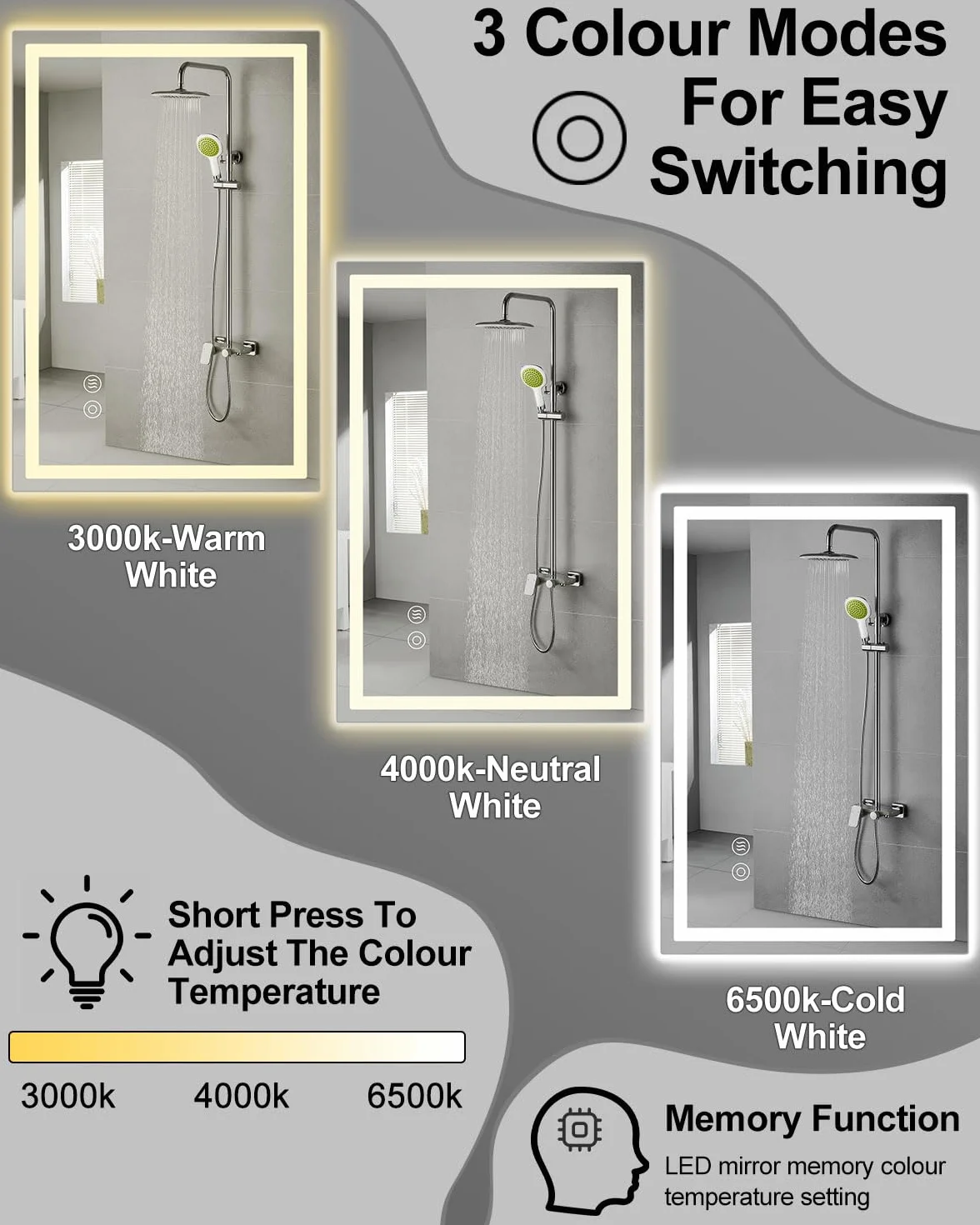 Lustro łazienkowe z oświetleniem LED, 50 x 70 cm, z włącznikiem dotykowym, przeciwmgielne, możliwość ściemniania, 3 temperatury barwowe, funkcja pamięci, wodoszczelne (IP44), lustro łazienkowe