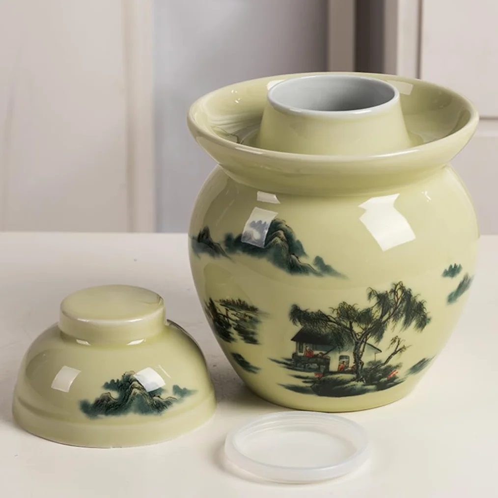Słoik fermentacyjny – tradycyjny porcelanowy garnek do marynaty z uszczelką wodną pokrywka do marynat, kimchi, kapusty kiszonej - pojemność 3,5 kg