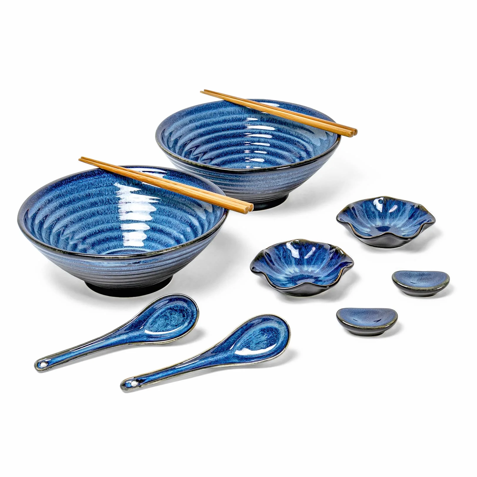 UNICASA Ceramiczne miski na zupę, miski na płatki zbożowe z pałeczkami, łyżką i półką, japońska miska na makaron do azjatyckich ramen, 2 zestawy