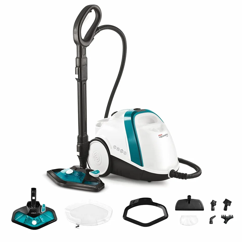 Polti Vaporetto Smart 100_T Steam Cleaner, nieograniczona autonomia, 4 barowa myjka wysokociśnieniowa, zabija 99,99% wirusów, zarazków i bakterii, 9 akcesoriów, biały/turkusowy