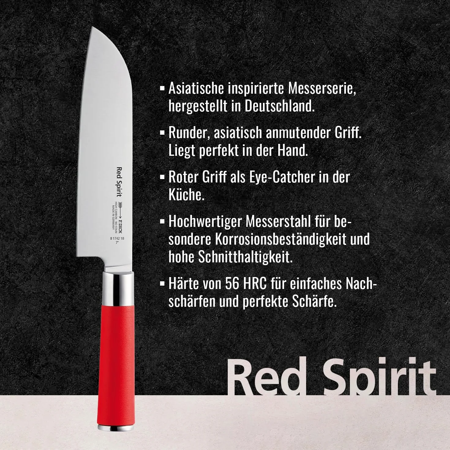 F. DICK Santoku, nóż kuchenny, Red Spirit (nóż z ostrzem 18 cm, stal X55CrMo14, nierdzewna, 56° HRC) 8174218