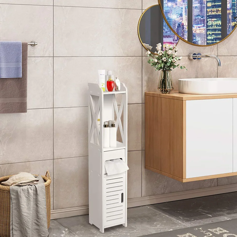 Badezimmerschrank Weiß Toilettenrollenhalter Badregal Standschrank Seitenschrank Standregal mit Papierschicht für Badezimmer Schlafzimmer Wohnzimmer Küche Flur, 80 x 15,5 x 15