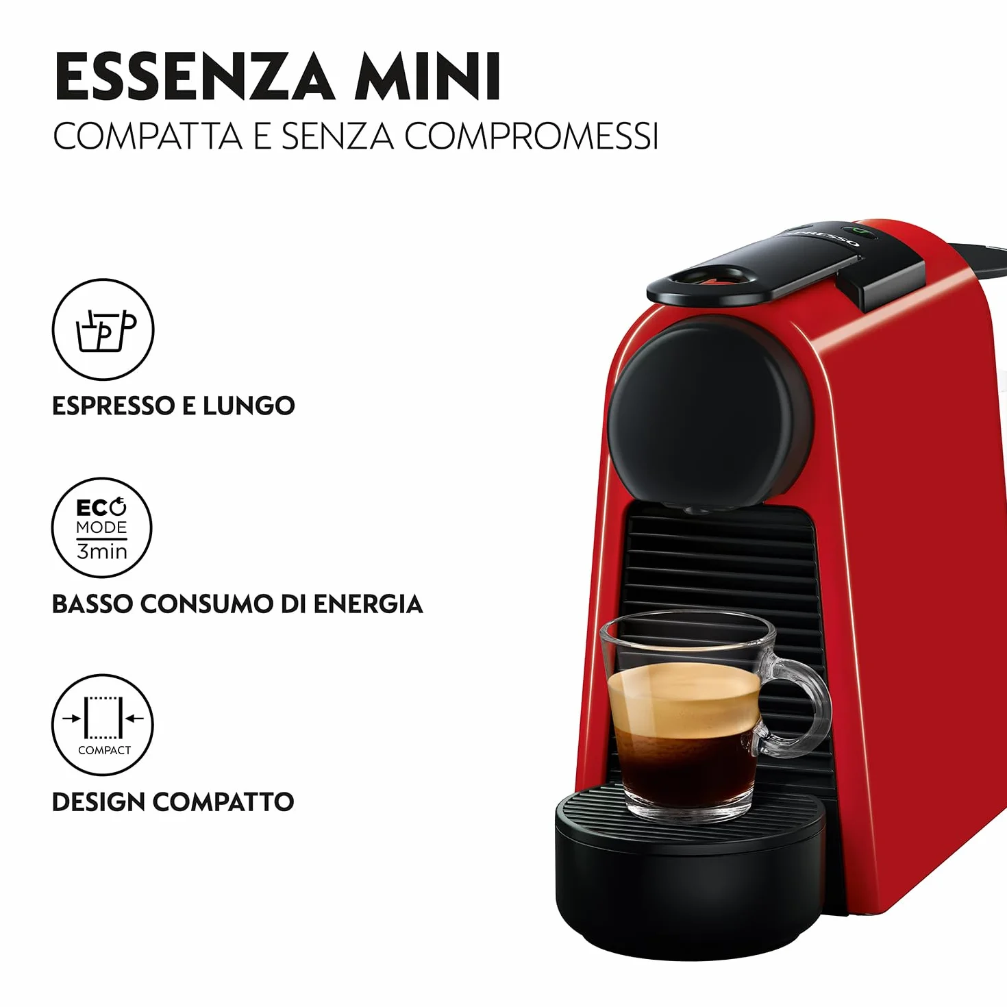 Nespresso De'Longhi Essenza Mini EN 85.R ekspres do kawy na kapsułki, zestaw 7 kapsułek w różnych smakach, ciśnienie pompy 19 bar, oszczędność miejsca, 0,6 l, czerwony