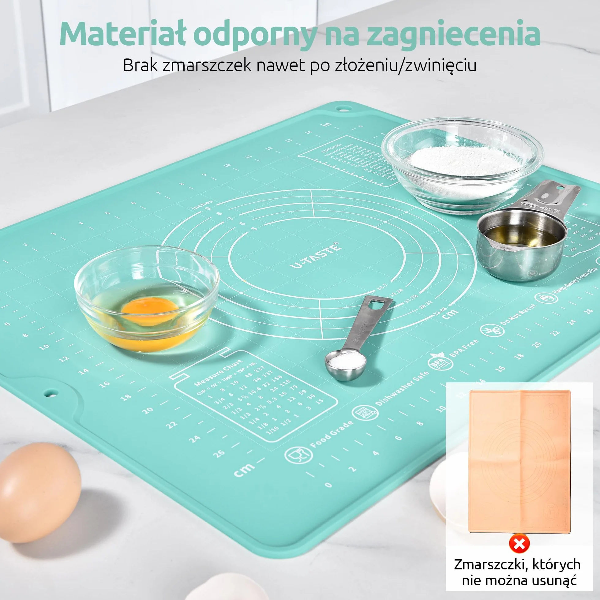 U-Taste Mata do Pieczenia z Płynnego Silikonu (40x50 cm, Cyraneczka) | Duża Nieprzywierająca Mata do Pieczenia, Wałkowania i Ugniatania Ciasta z Wymiarami do Ciasteczek i Pizzy