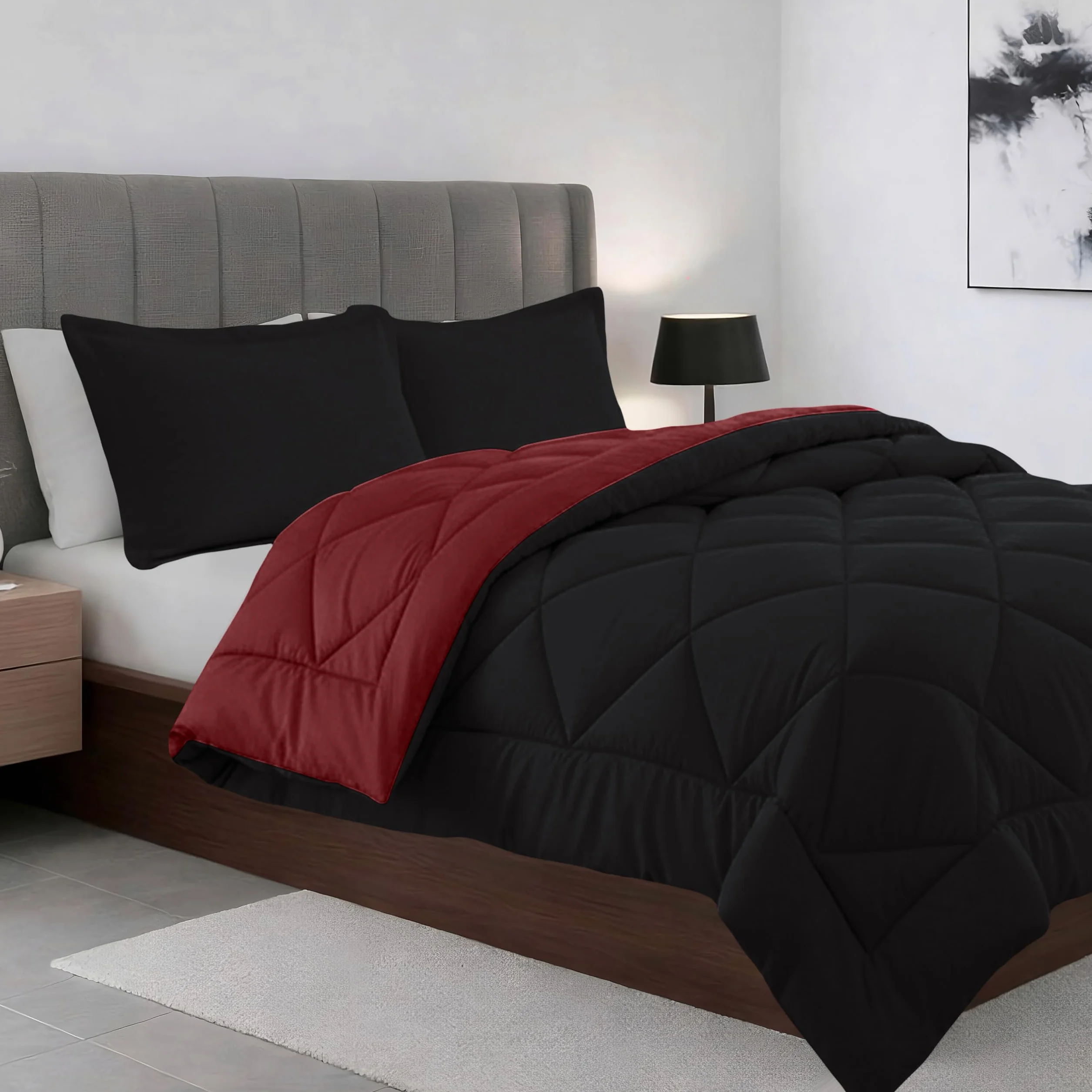 Elegant Comfort Oddychająca i super miękka całoroczna dwustronna kołdra z diamentowym pudełkiem, bawełna, czarny/bordowy, podwójny