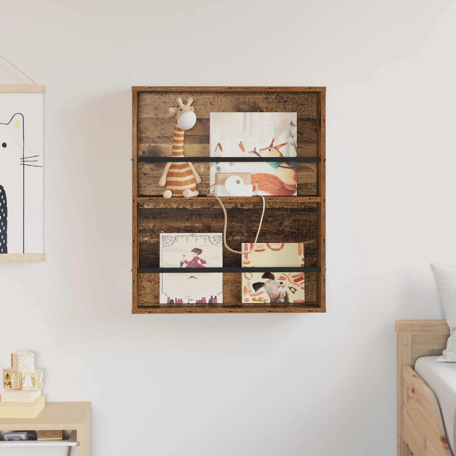 Générique Nowoczesny stojak na czasopisma ścienny z drewna inżynieryjnego 60x12x70 cm, regał na czasopisma z regulowanym schowkiem do salonu lub biura