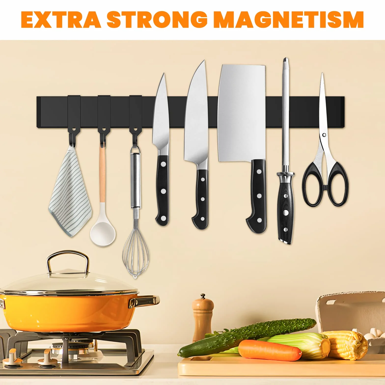 Cocolemon Listwa magnetyczna na noże 40 cm ze stali nierdzewnej z bardzo silnym magnesem, uchwyt na noże z 3 zdejmowanymi haczykami na noże, przybory kuchenne, narzędzia