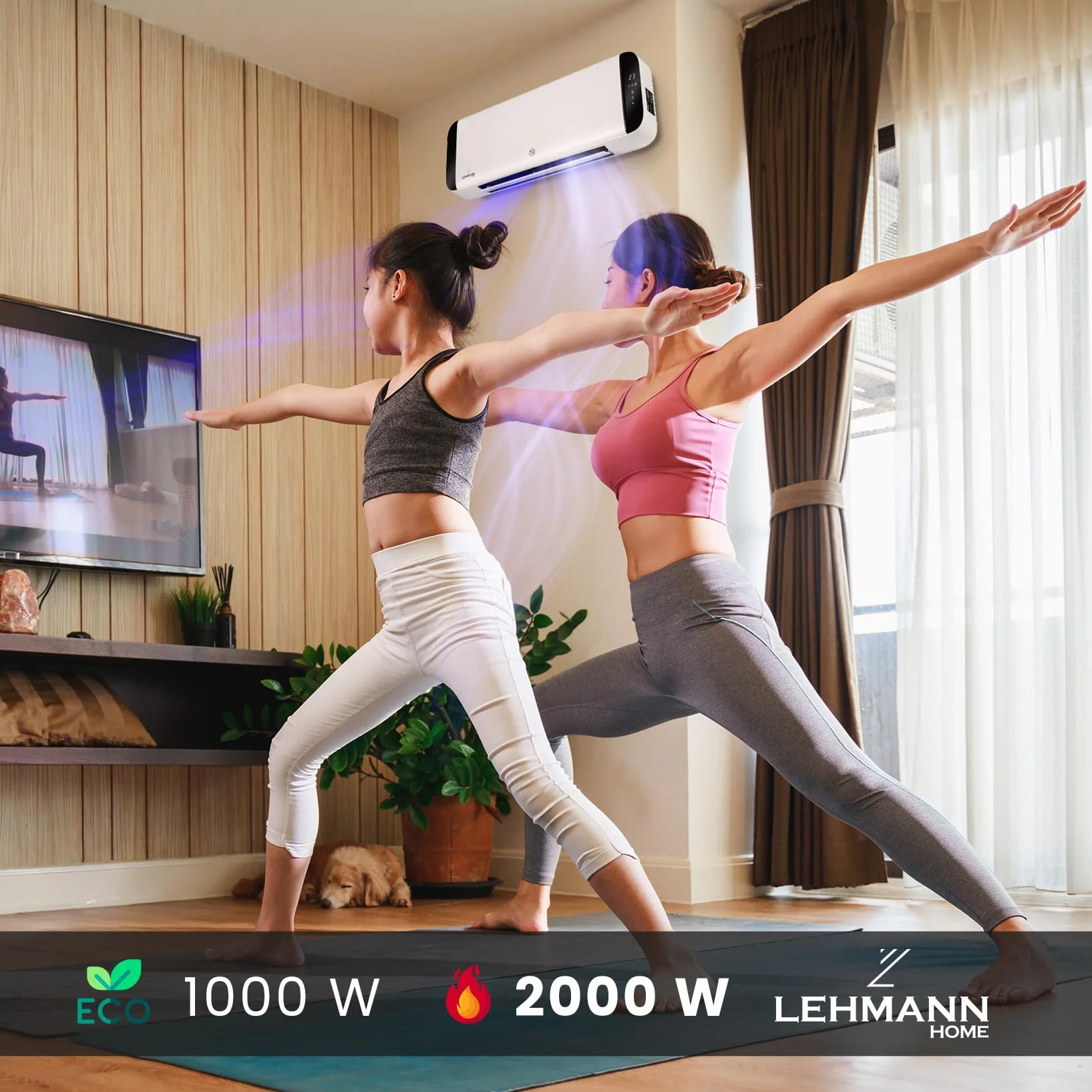 Lehmann LHOHH-2013A kurtyna powietrzna z 2 poziomami mocy 1000/2000 W, grzejnik ścienny z Wi-Fi, pilotem zdalnego sterowania, wyświetlaczem LED, termowentylator z timerem i oscylacją