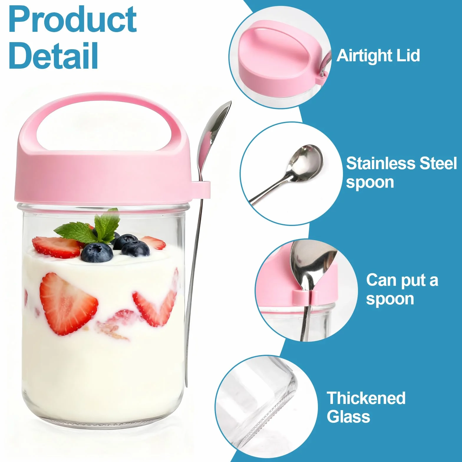 4 sztuki szklane słoiki na overnight oats z pokrywką i łyżeczką, wielokrotnego użytku, słoiki na musli na wynos, 14 uncji/410 ml, słoiki na owsiankę, jogurt, domowe musli, płatki owsiane