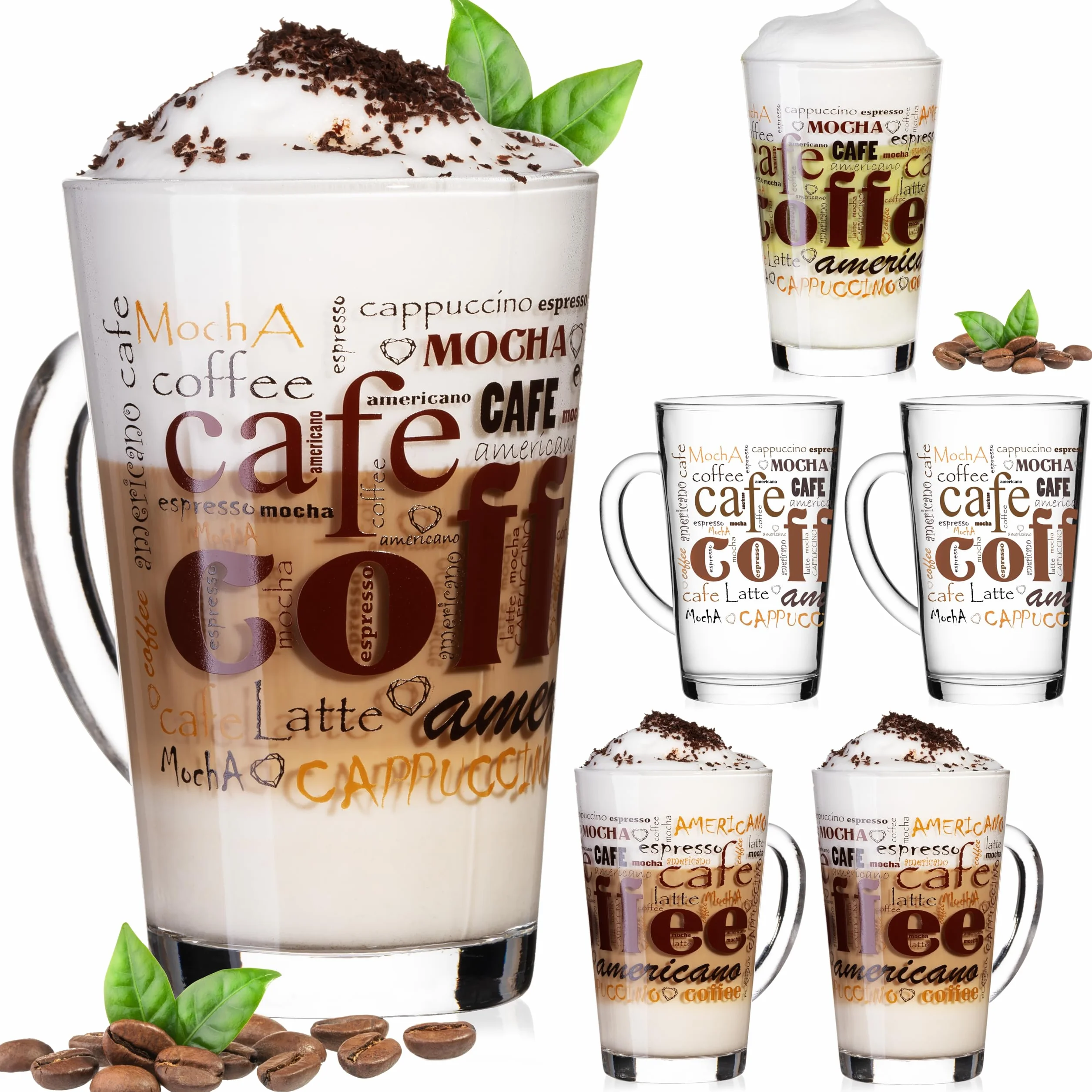 Zestaw szklanek do kawy PLATINUX z motywem max. 350ml, 6-częściowy, ze szkła; szklank do latte macchiato z uchwytem, szklank do cappuccino