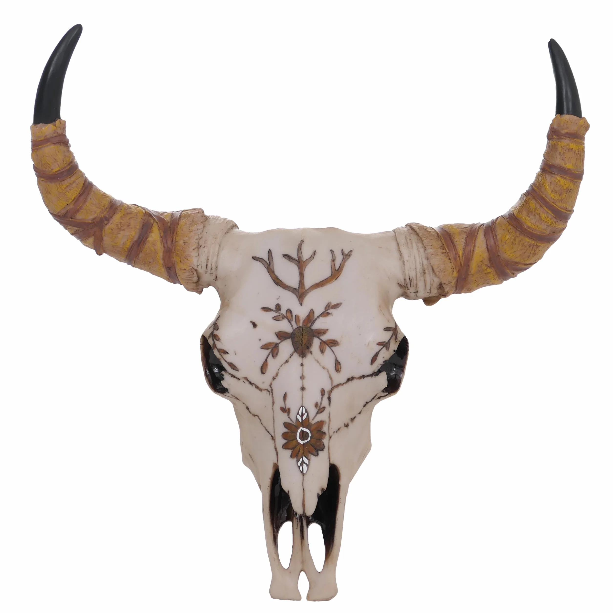 Mendler Dekoracyjna czaszka HWC-Q11, żywica byk byk longhorn trofeum z zdobieniem, do użytku wewnątrz i na zewnątrz, 41 cm