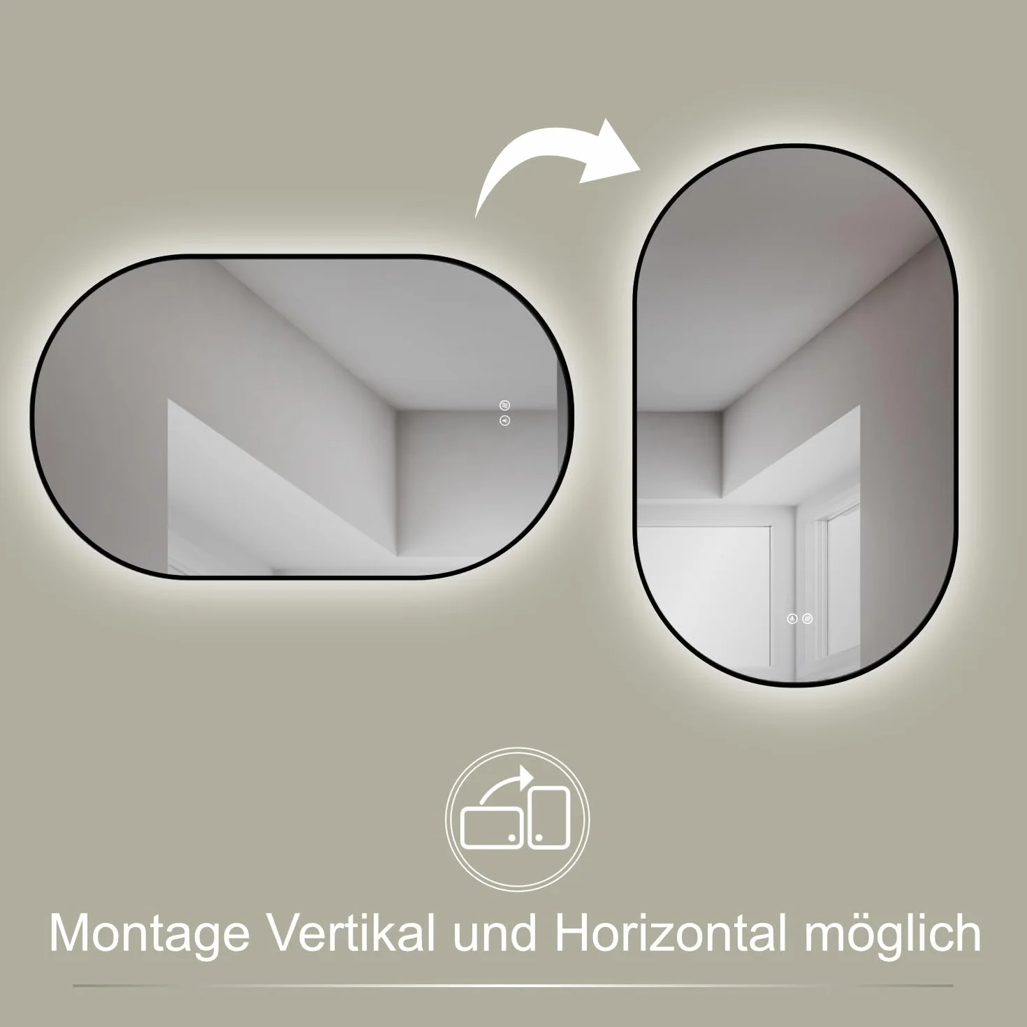 HOKO Designerskie lustro LED przeciwmgielne owalne 60 x 100 cm / 100 x 60 cm Florencja + metalowa rama czarna. Montaż pionowy + poziomy. Lustro łazienkowe duże + 2 przełączniki dotykowe + światło LED