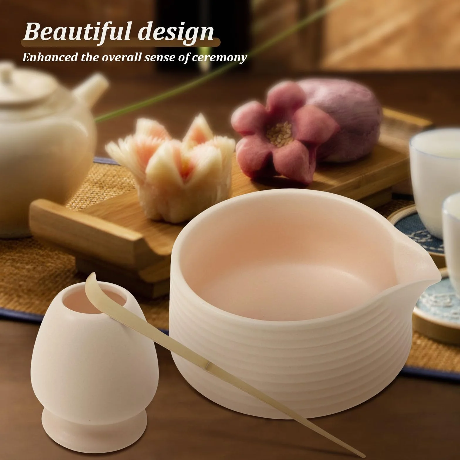 Zestaw 8 szt. do herbaty Matcha, tradycyjna ceramiczna miotła matcha, zestaw miseczek na proszek na podróż domową, łatwe do czyszczenia, dla początkujących, dla miłośników herbaty (różowy)